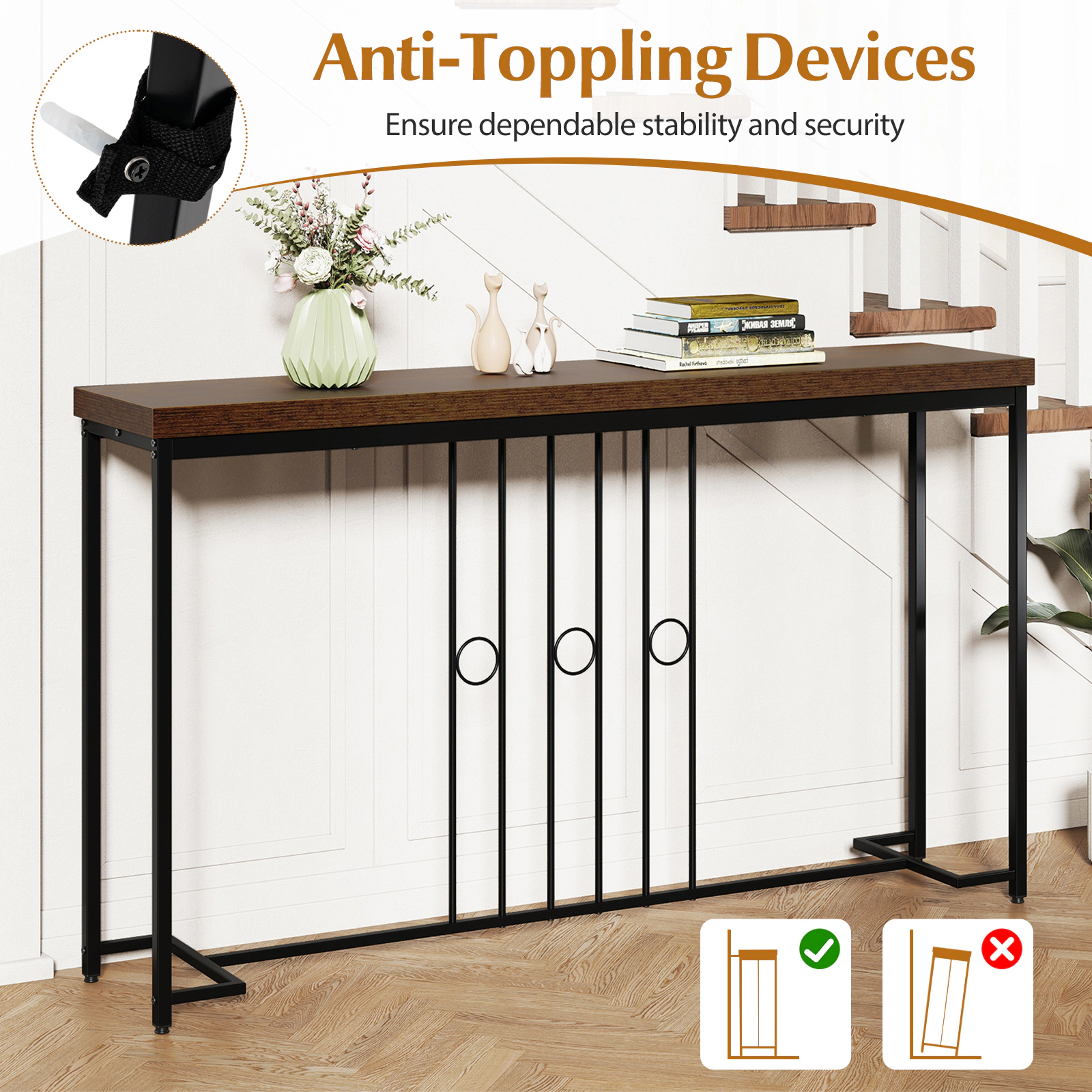 SUGIFT 1.6-in Thick Top H-Shaped Metal Base Industrial Console Table 55-in x 12-in x 32-in 175-lb Capacity Brown