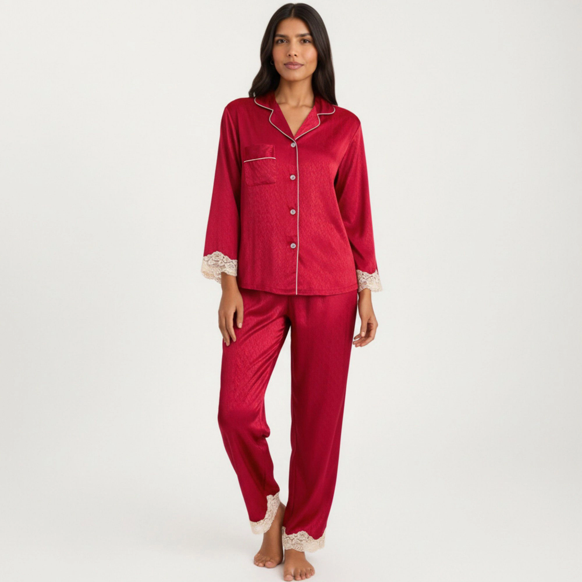 Anna-Kaci Women's 2-Piece Satin Button Front Pajama Top with Lace Trim Sleeves and Matching Elastic Waist Pants