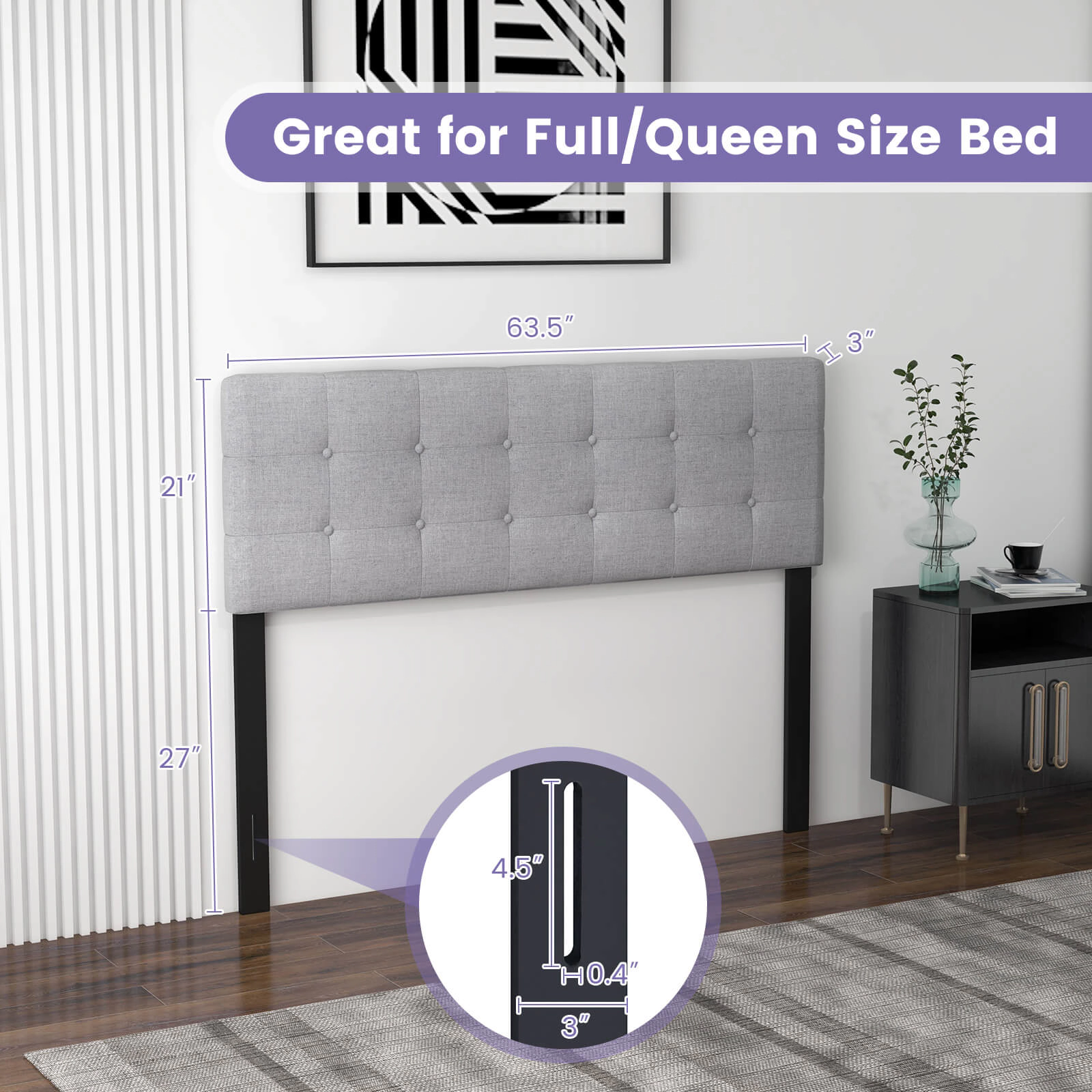 SUGIFT Adjustable Linen Upholstered Headboard with Solid Rubber Wood Legs for Full and Queen Beds 63.5-in Wide Gray