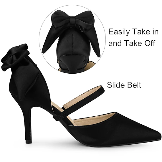 BLISSFUL STEP Women's Pointed Toe Bow Satin Stiletto Heels Pumps