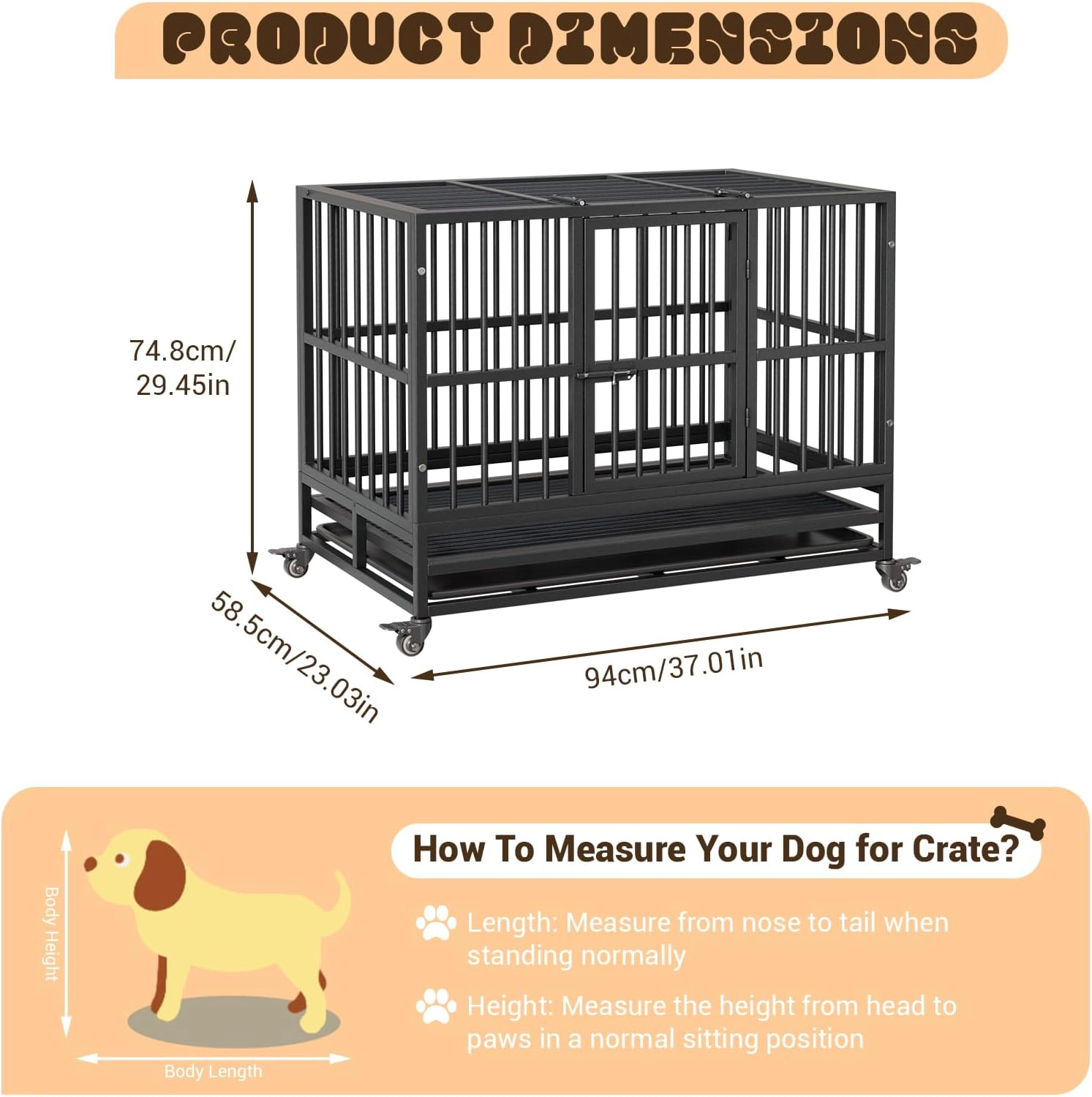 37 Inch Heavy-Duty Foldable Metal Dog Crate, Pet Kennel with Removable Waste Tray