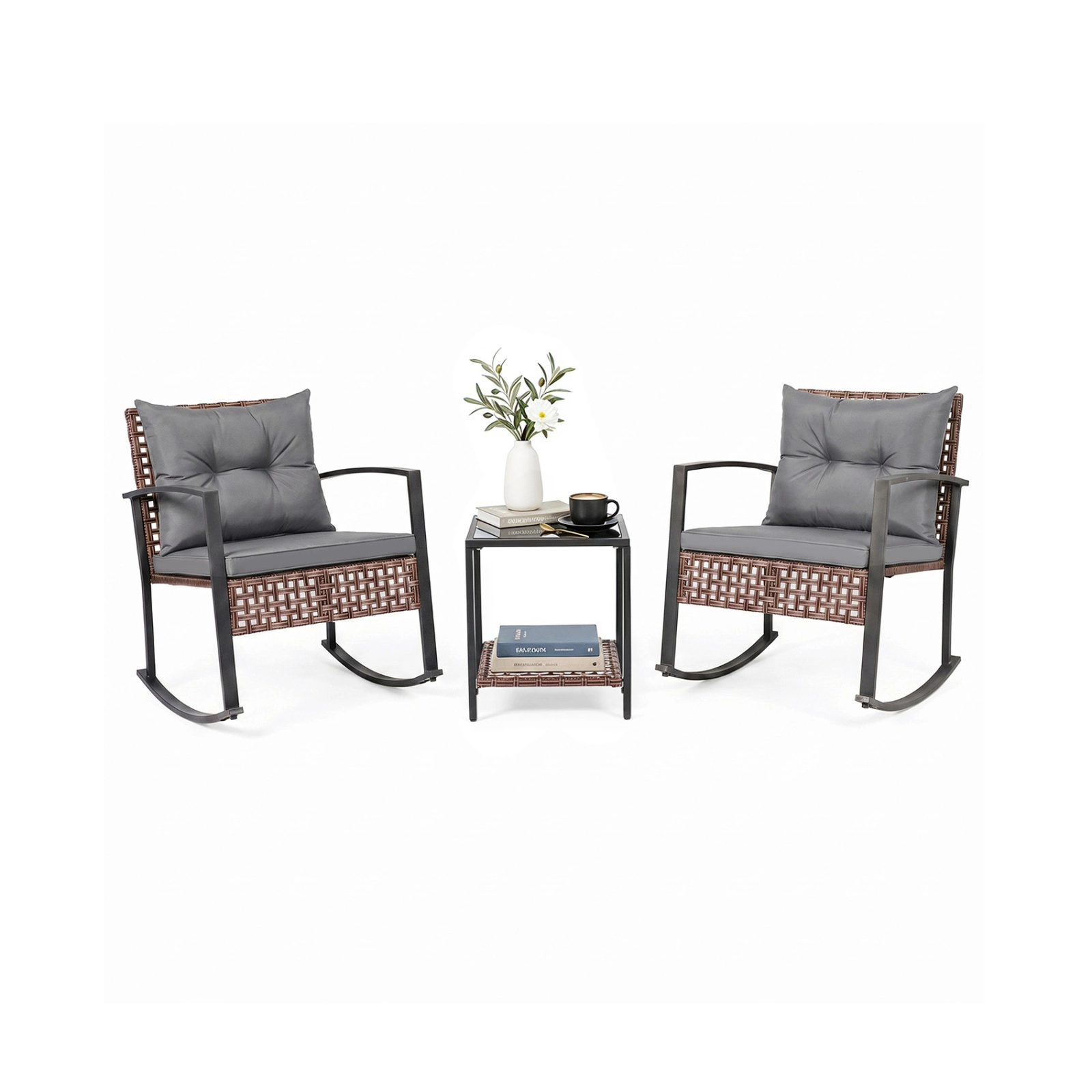 SUGIFT Outdoor Rocking Chair and Coffee Table Patio Dining Set 400-lb Chair Capacity Mixed Brown with Gray Cushions
