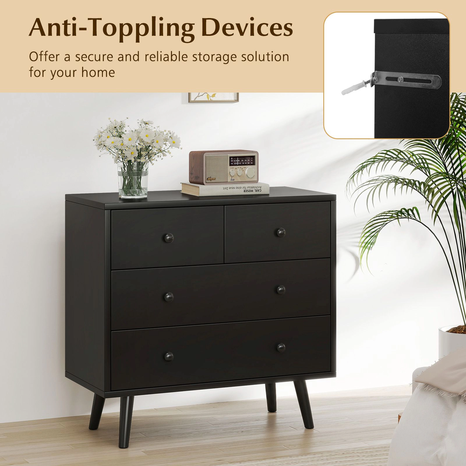 SlickBlue 4-Drawer Wooden Storage Dresser with Wide Countertop