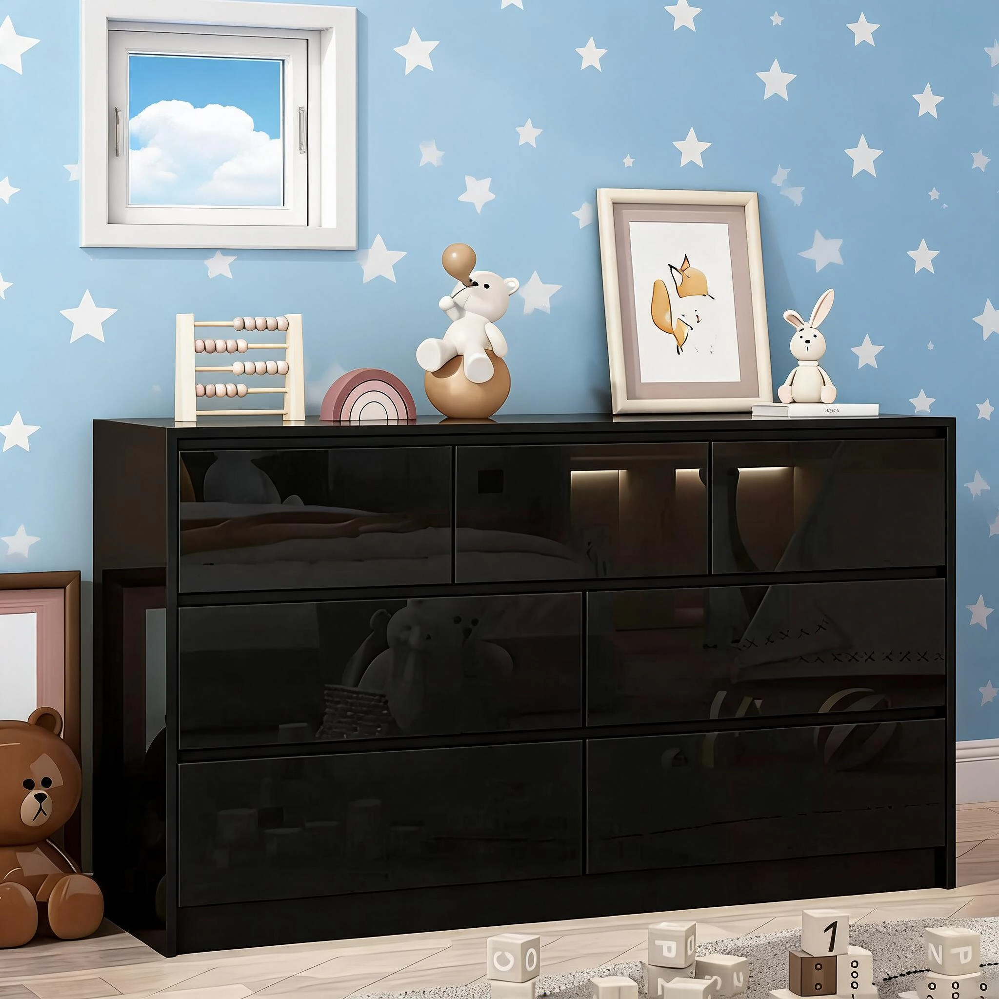 55" Full High Gloss Dresser with 7 Drawers, Modern Wide Storage Chest for Bedroom