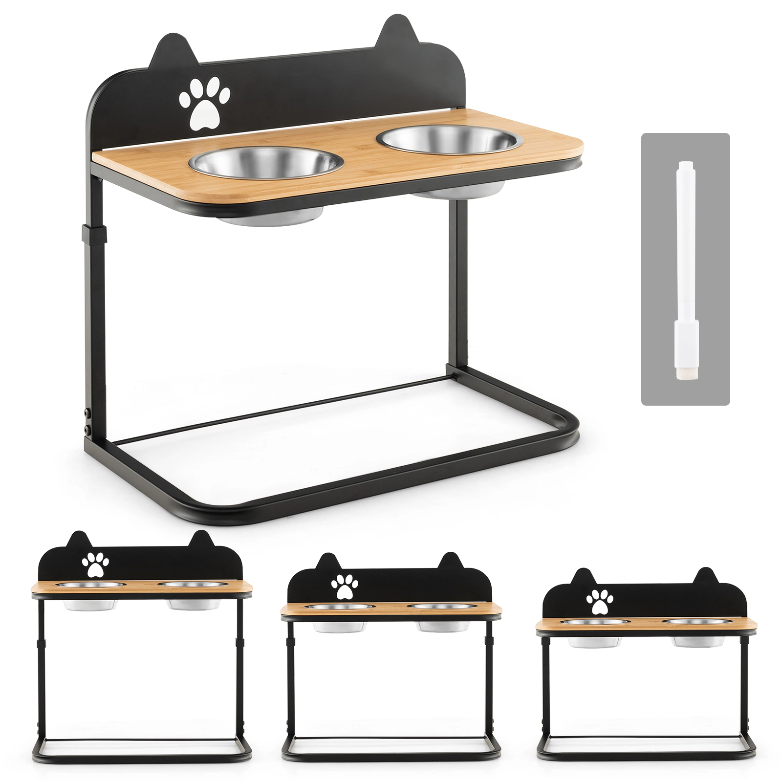 SUGIFT Black Bamboo Elevated Dog Bowl Stand with 2 Stainless Steel Bowls 21-in W 12-in D 21-in H