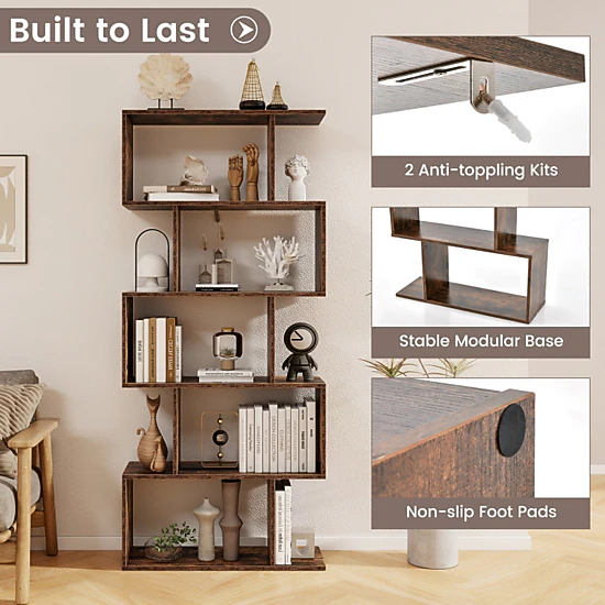 Hivvago Freestanding 5-Tier Bookcase with Anti-Tip Kit