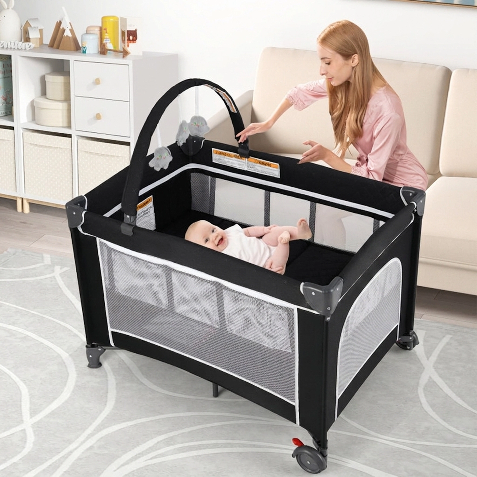 SUGIFT 3-in-1 Foldable Portable Baby Playard and Travel Crib with Bassinet Changing Table and Mesh Walls