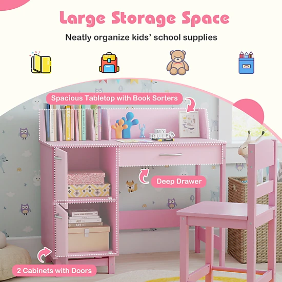 SUGIFT Pink 4 Book Sorters and Drawer Wooden Kids Study Desk and Chair Set