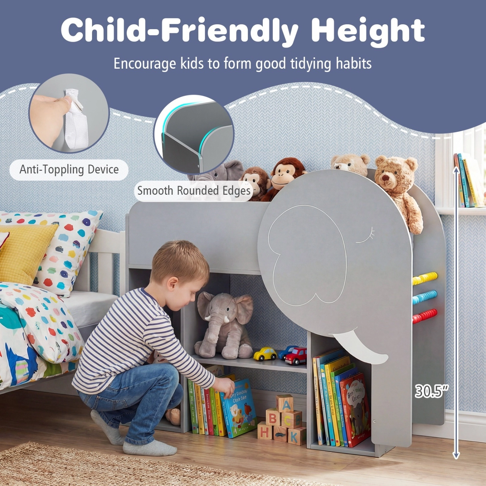 SUGIFT Gray 22-lb Shelf Elephant-Shaped Montessori 3-Tier Kids Bookshelf Toy Storage Organizer with Abacus