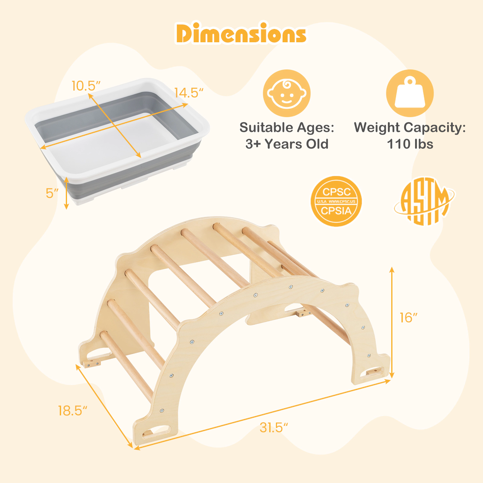 8-in-1 Wooden Climbing Arch Sensory Table Collapsible Storage Bin Rocker Stoppers and 110-lb Capacity Ages 3+ Natural