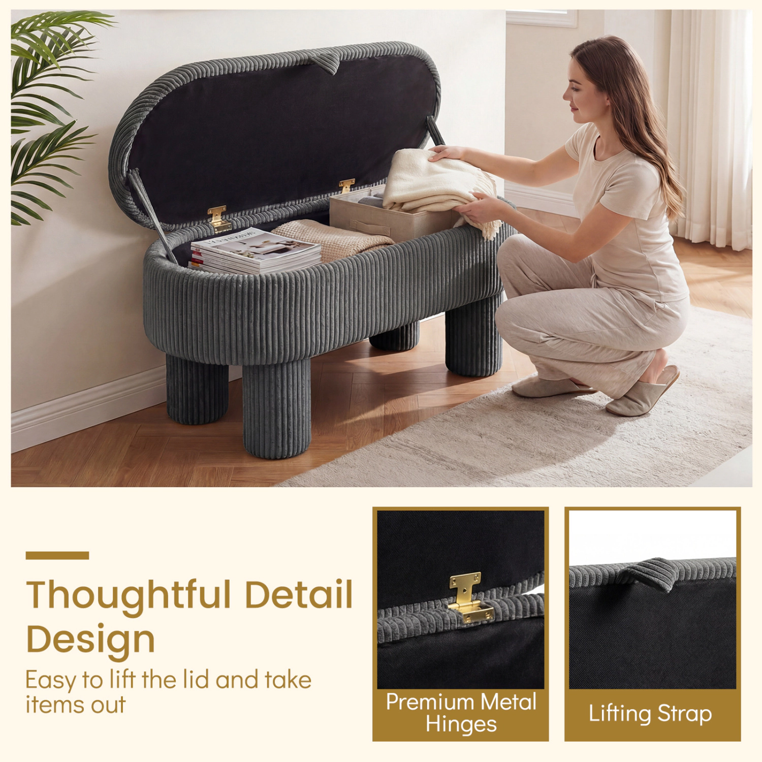 Glintex 42-Inch Corduroy Storage Ottoman Bench with Lifting Strap and 400-Lb Top