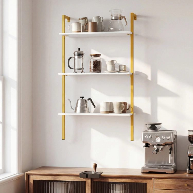 Hivvago 3-Tier Modern Wall Mounted Shelves Wooden Floating Shelving Unit Metal Ladder Bookshelf