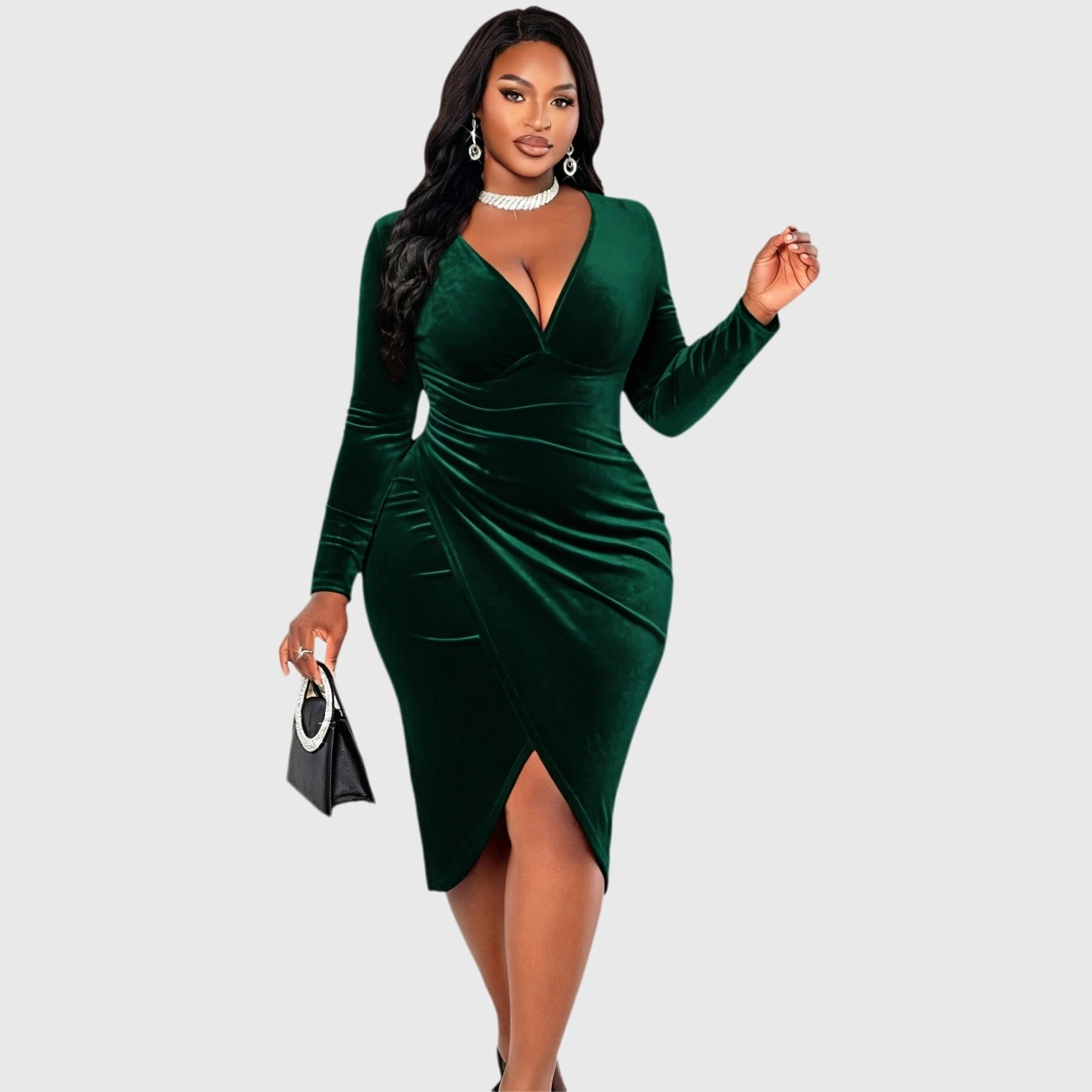 YesFashion Womens Plus Velvet Dresses Casual V Neck Long Sleeve Ruched Bodycon Cocktail Party Dress
