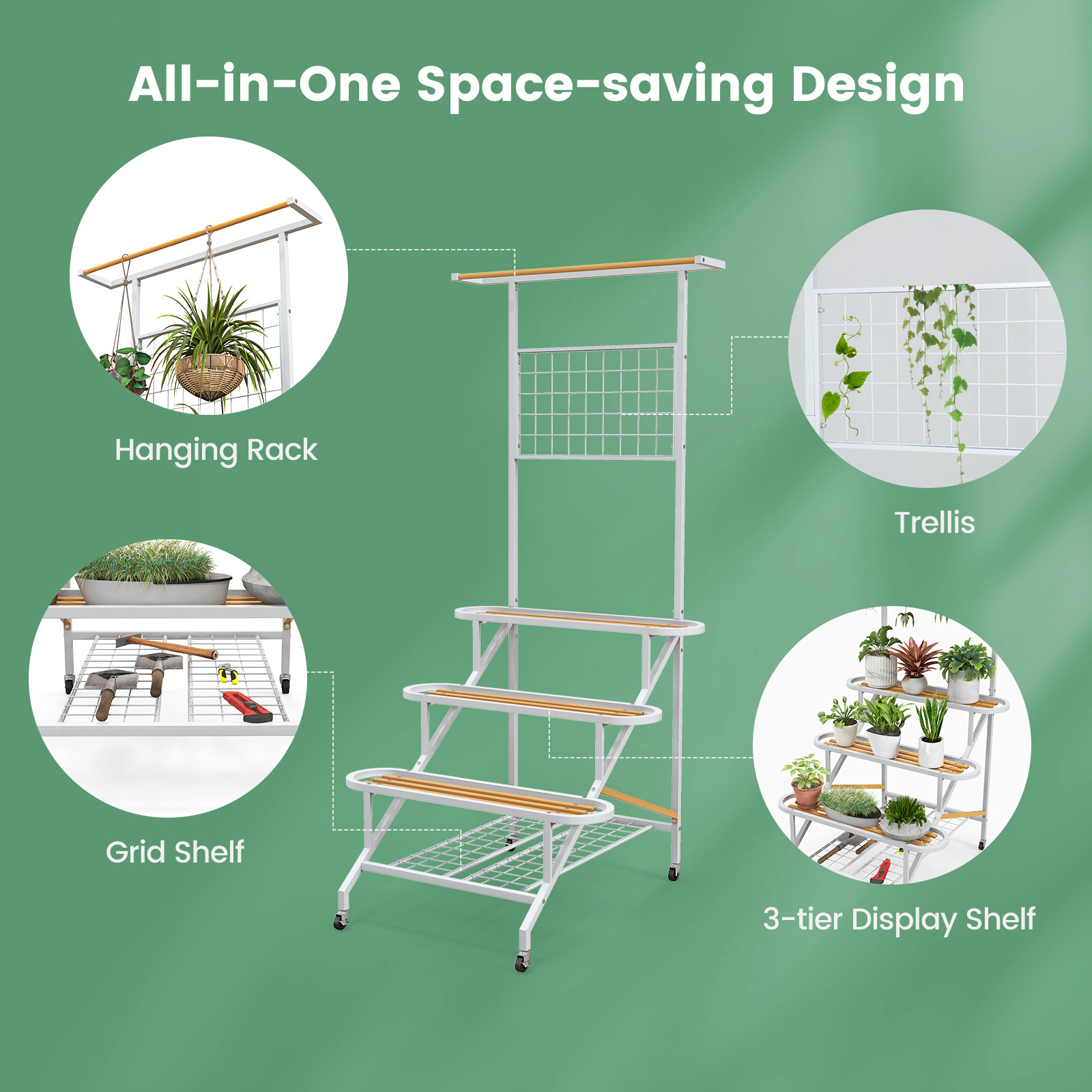 Slickblue Rolling 4 Tier Plant Stand Metal Flower Rack with Trellis Wheels Balcony Patio Organizer