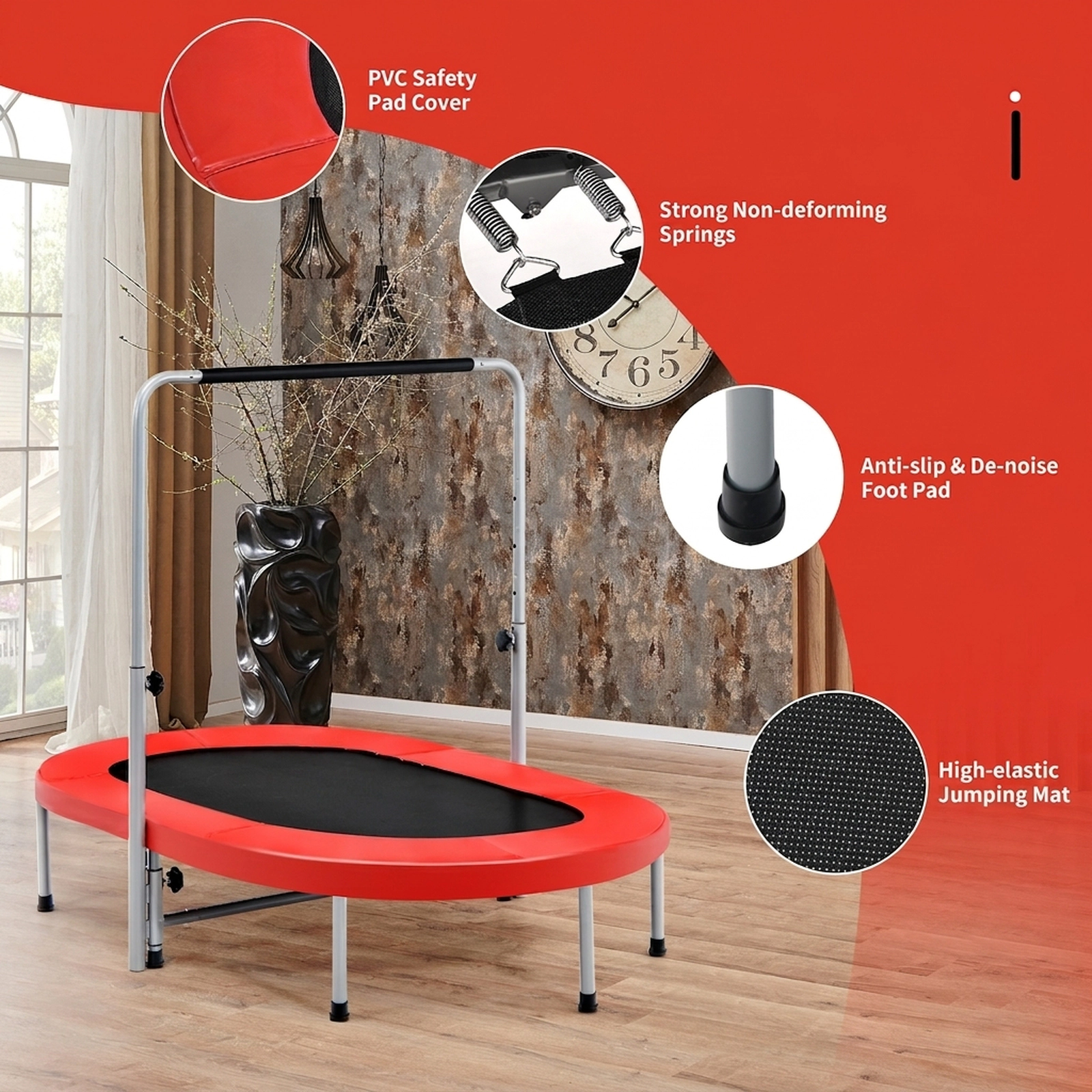 2-Person Folding Rebounder Trampoline Adjustable Foam Handle 36-in to 52-in 5 Levels 330-lb 40 Springs Red