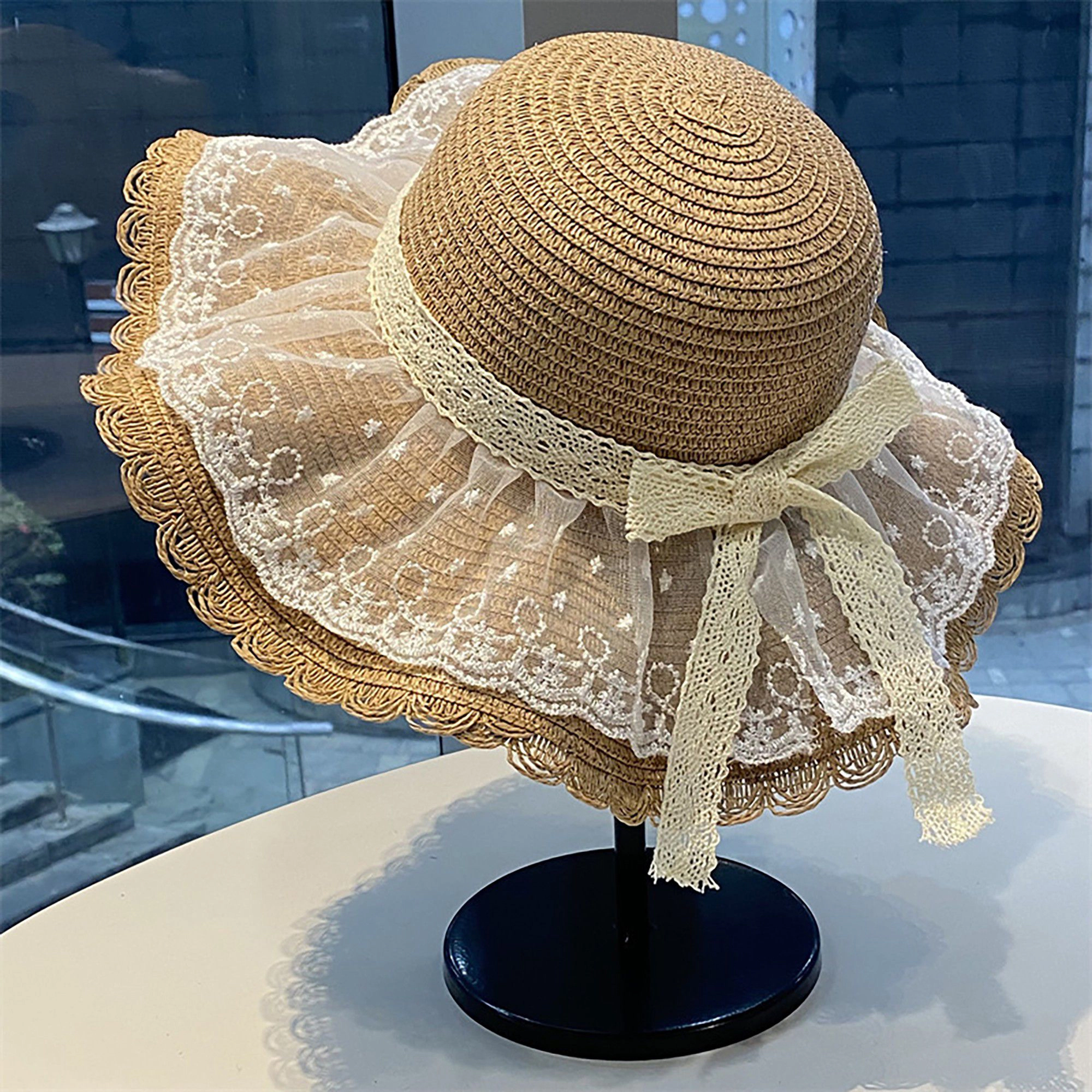 Anna-Kaci Women's Wide Brim Straw Sun Hat with Sheer Lace Overlay Bow Accent and Scalloped Edge