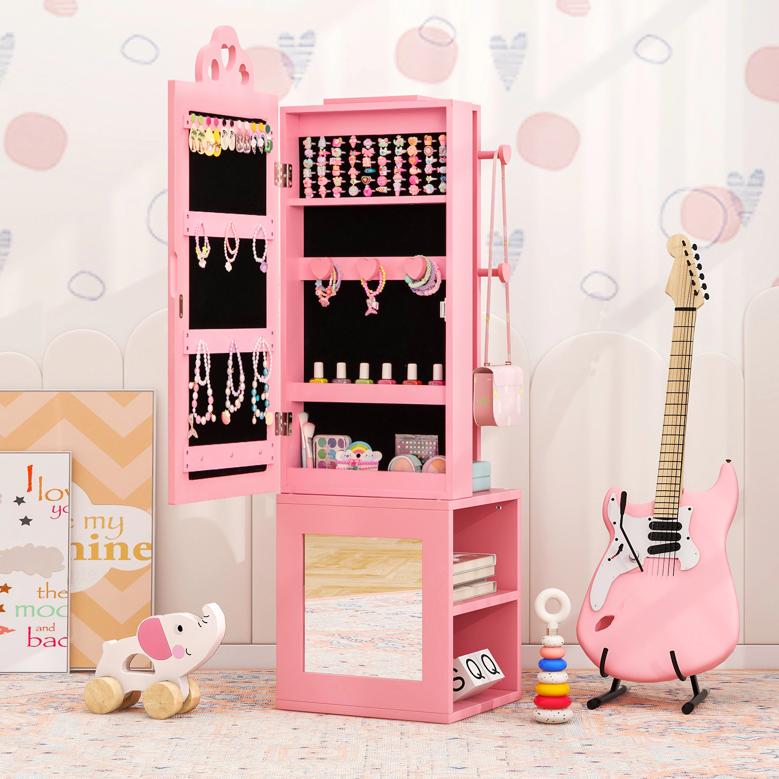 SUGIFT Kids Vanity Table and Stool Set with Mirror Jewelry Cabinet Pink
