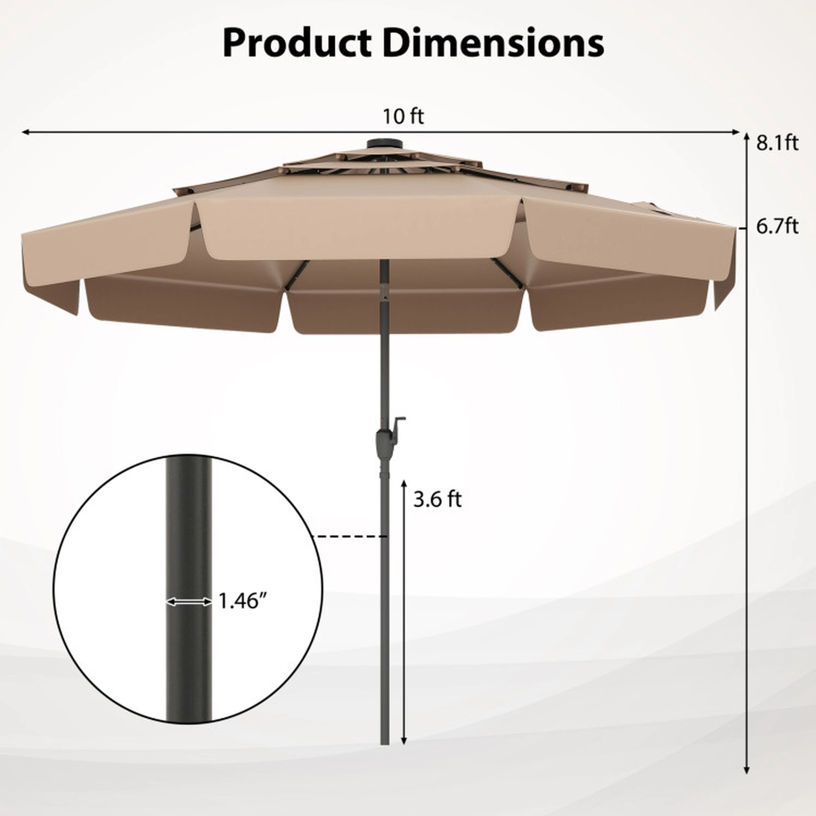 SUGIFT 3-Tier Vented Solar Patio Umbrella with LED Lights 10-ft Polyester Canopy 10 x 8.1 in Taupe