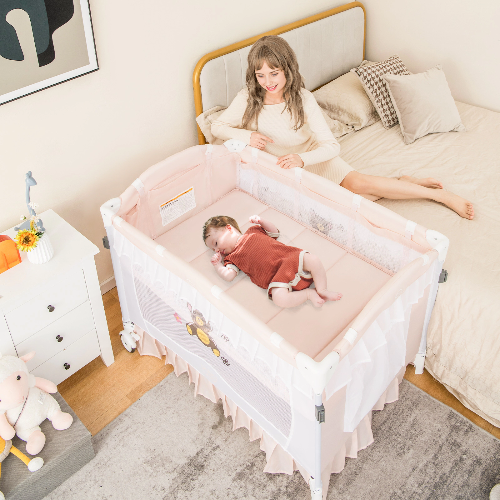 SUGIFT Convertible Bassinet Playard with Removable Changing Table & Detachable Mesh Net 33-lb Playpen Capacity Ages 0-36