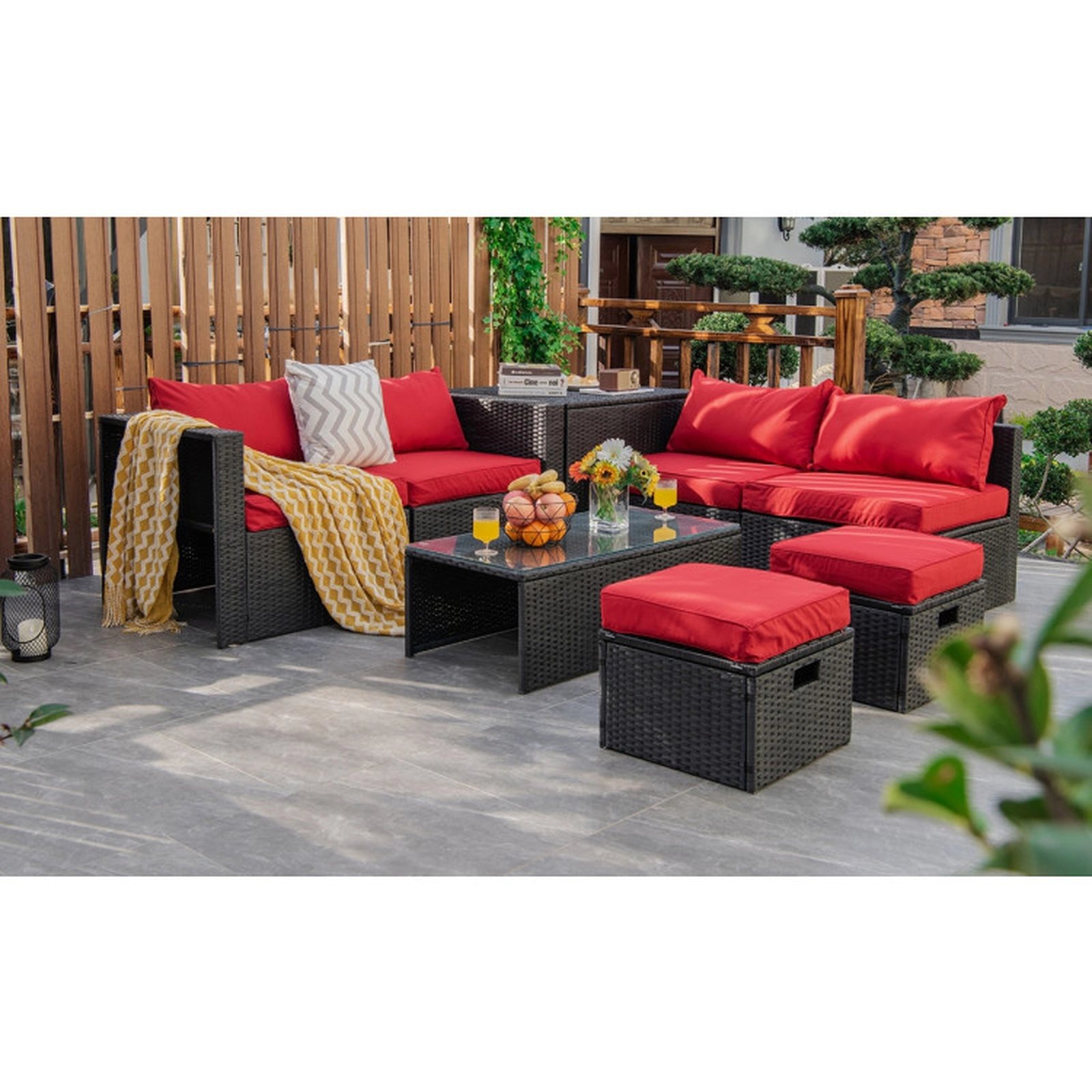 SUGIFT 8-Piece Red Patio Rattan Sectional Set with Storage Box and 2 Ottomans 17.5-in Seat H 350-lb Sofa Capacity
