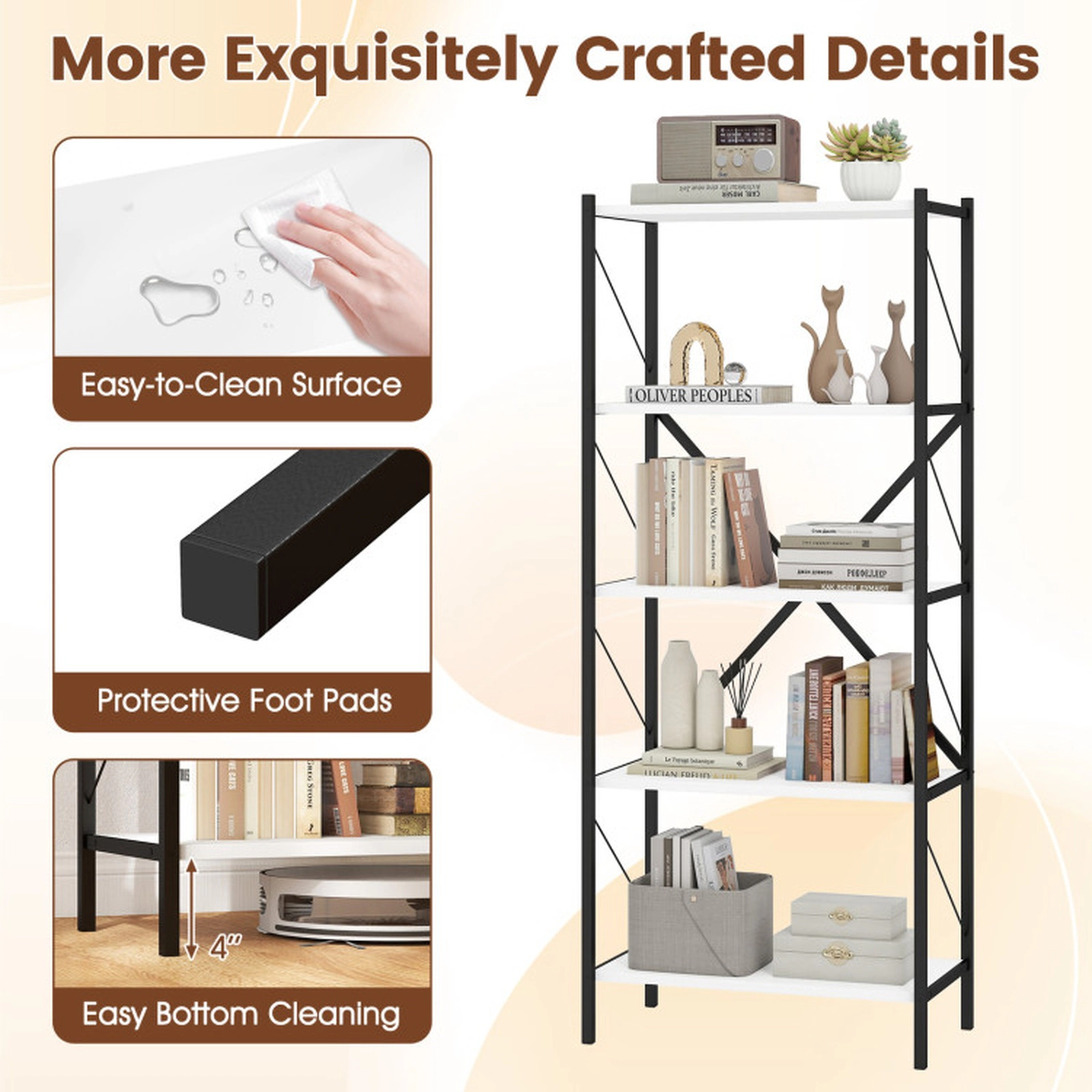 SUGIFT 5-Tier White 62-in Tall Industrial Bookshelf with Heavy-Duty Metal Frame and 4-in Clearance