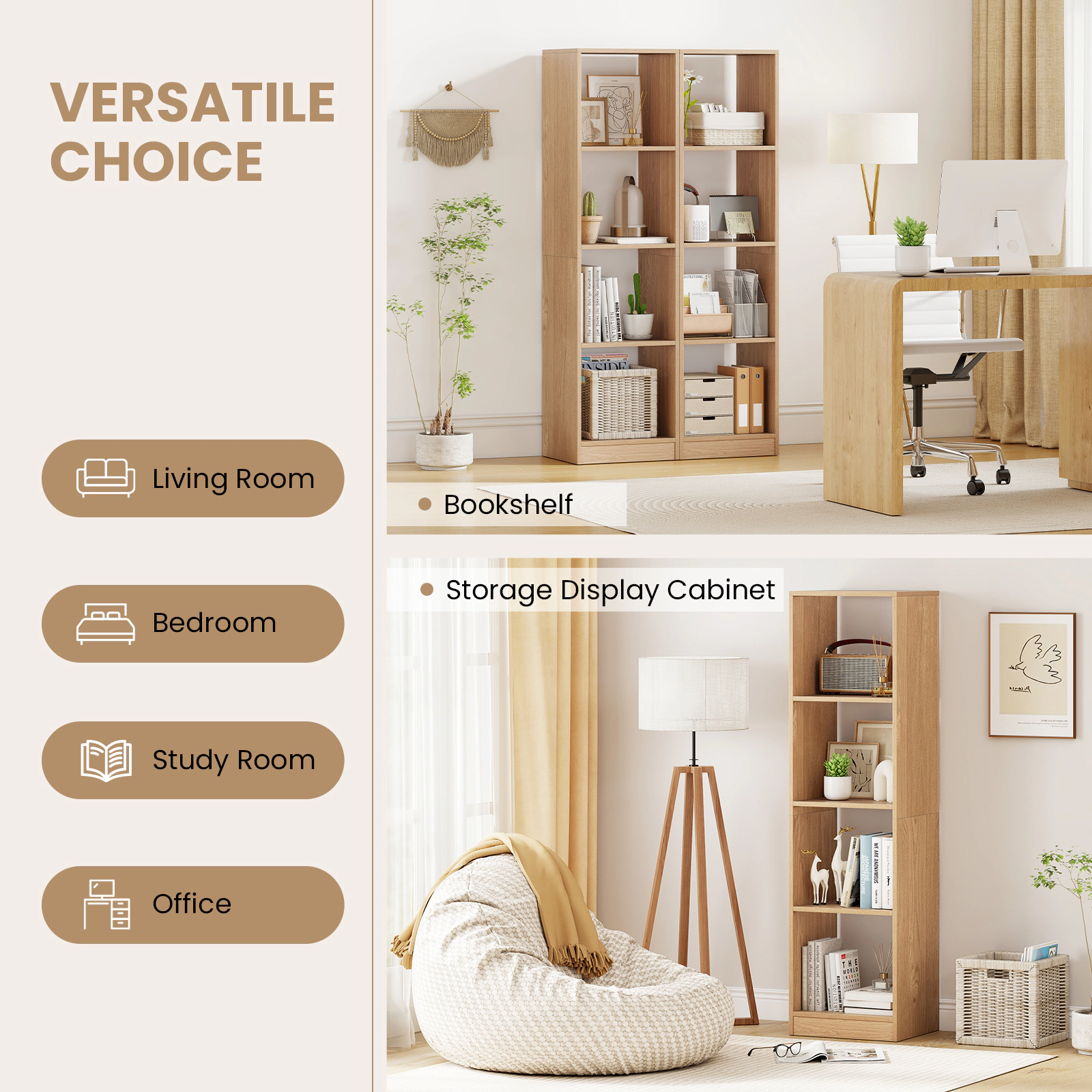 SUGIFT Natural 5-Tier 4-Cube Narrow Bookshelf 56 in Tall with 4 Anti-Tipping Kits