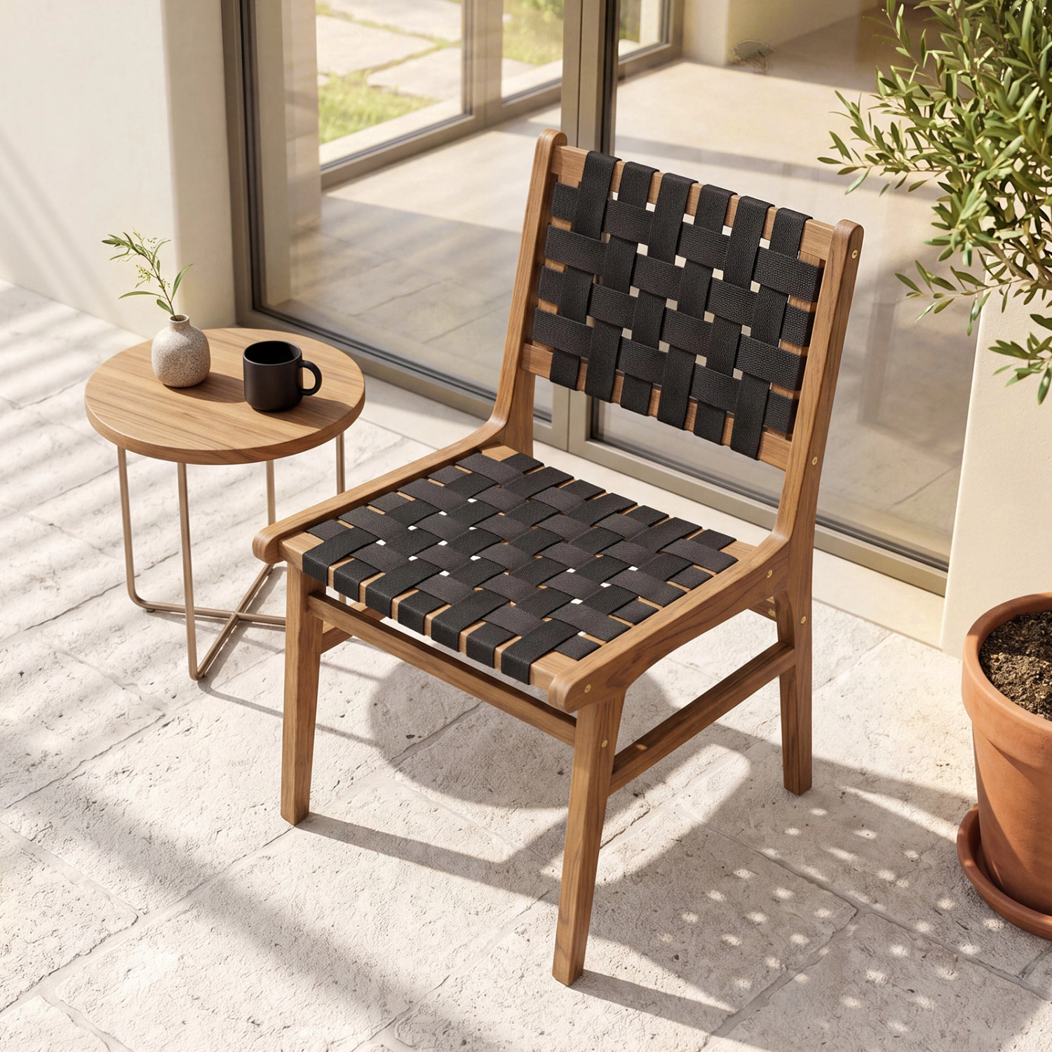 LJG Solid Teak Hand-Woven Strap Outdoor Dining Chair with Flex Support for Deck Garden