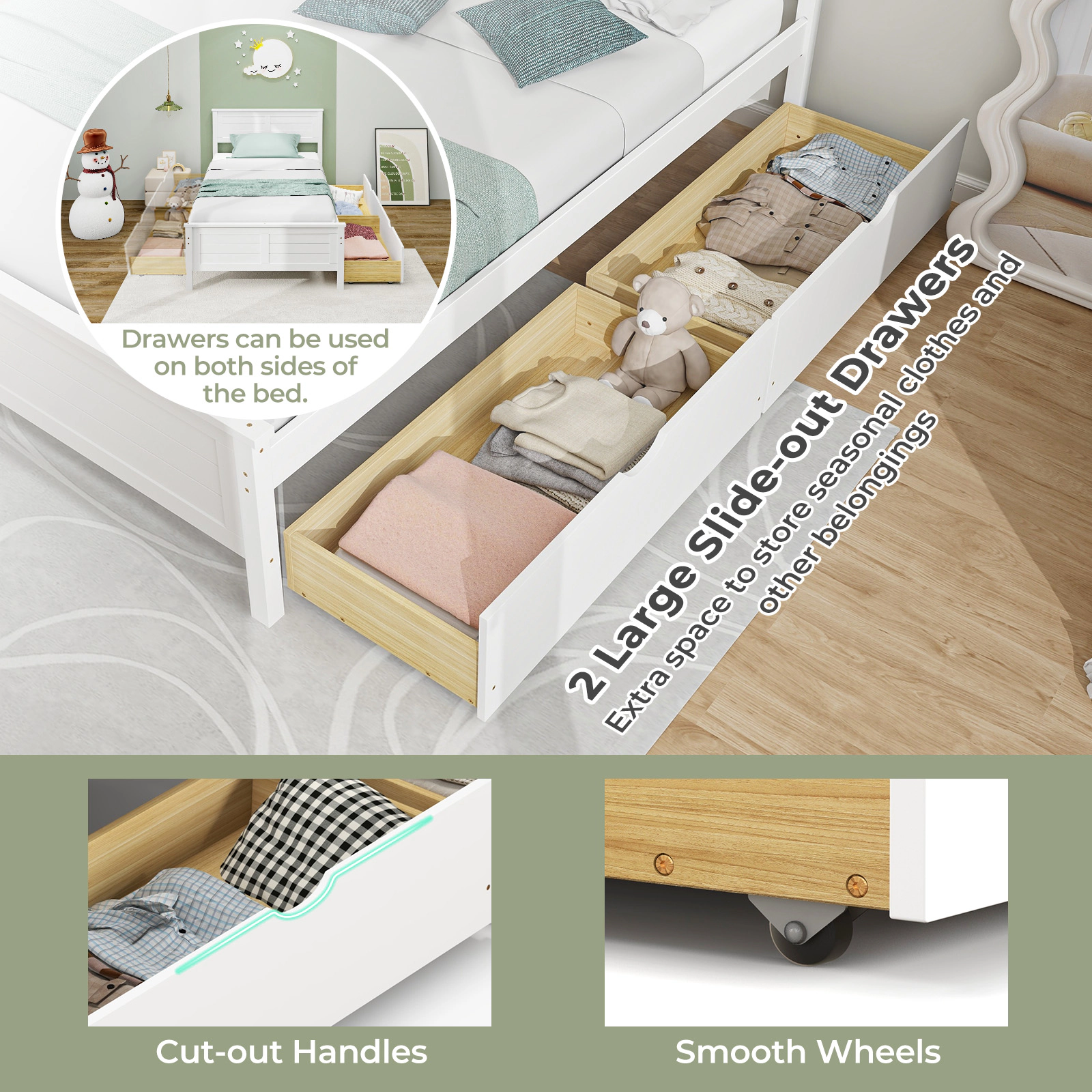 SUGIFT Twin Size Bed Frame with 2 Storage Drawers 350-lb Capacity 43-in Wide Wooden Slat Bed White