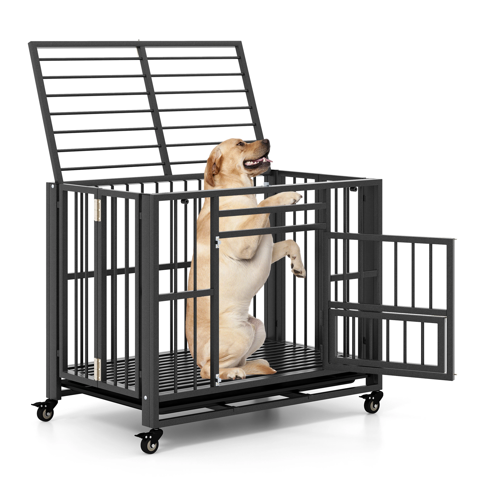 SUGIFT Foldable Heavy-Duty Dog Crate 135-lb Capacity Chew-proof Cage with Lockable Universal Wheels Black