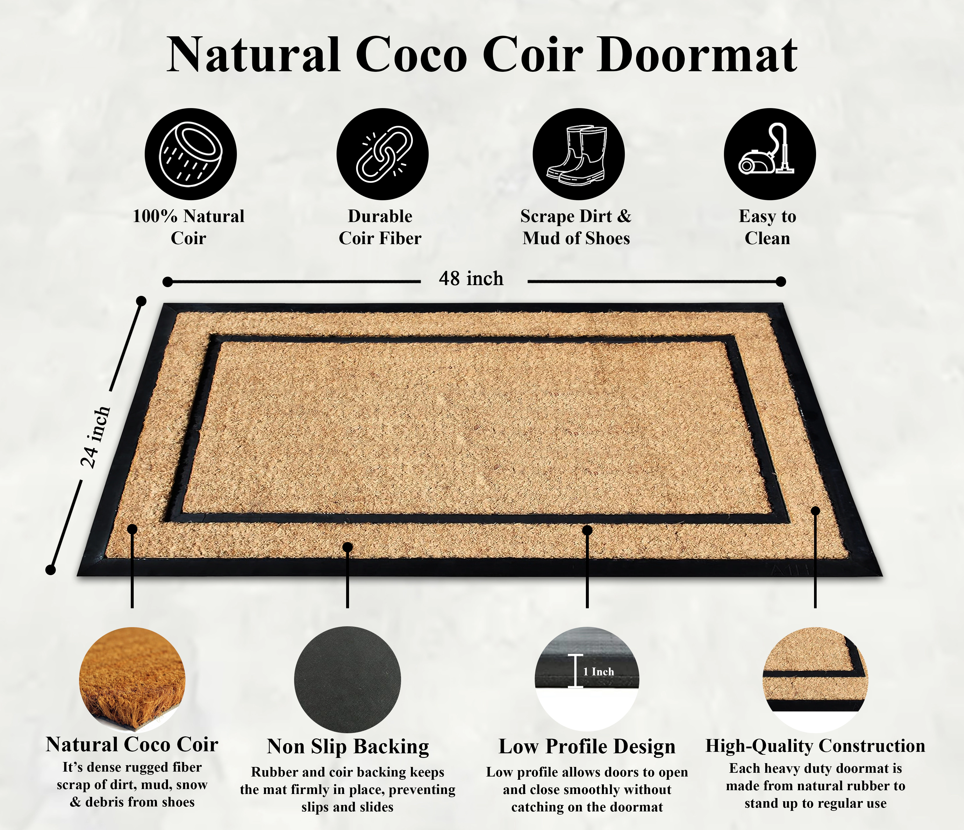 A1HC Door Mat 24x48 Inches Heavy Duty Non-Slip Rubber-Backed Plain Classic Border