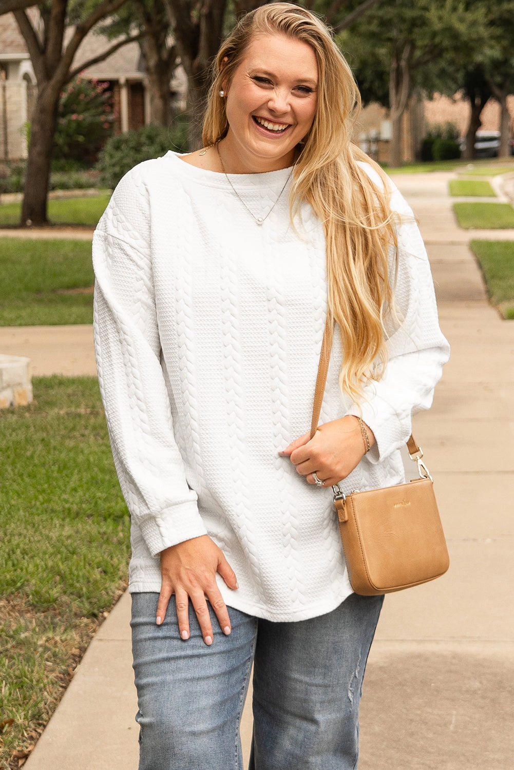 Threaded Pear Women's White Cable Textured Loose Plus Sweatshirt
