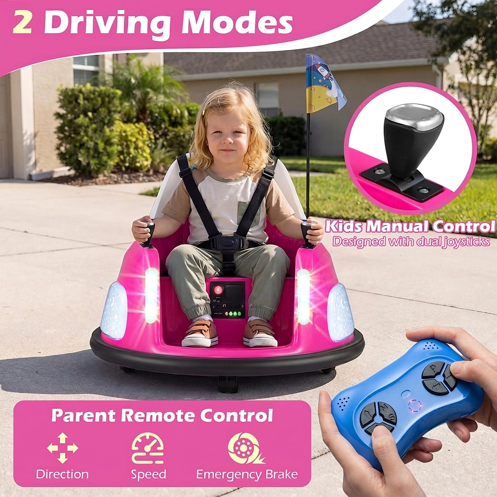 SUGIFT 12V Ride On Bumper Car with Remote Control and Flashing Lights 55-lb Capacity Ages 18-72 Months 23.5-in Wide Pink