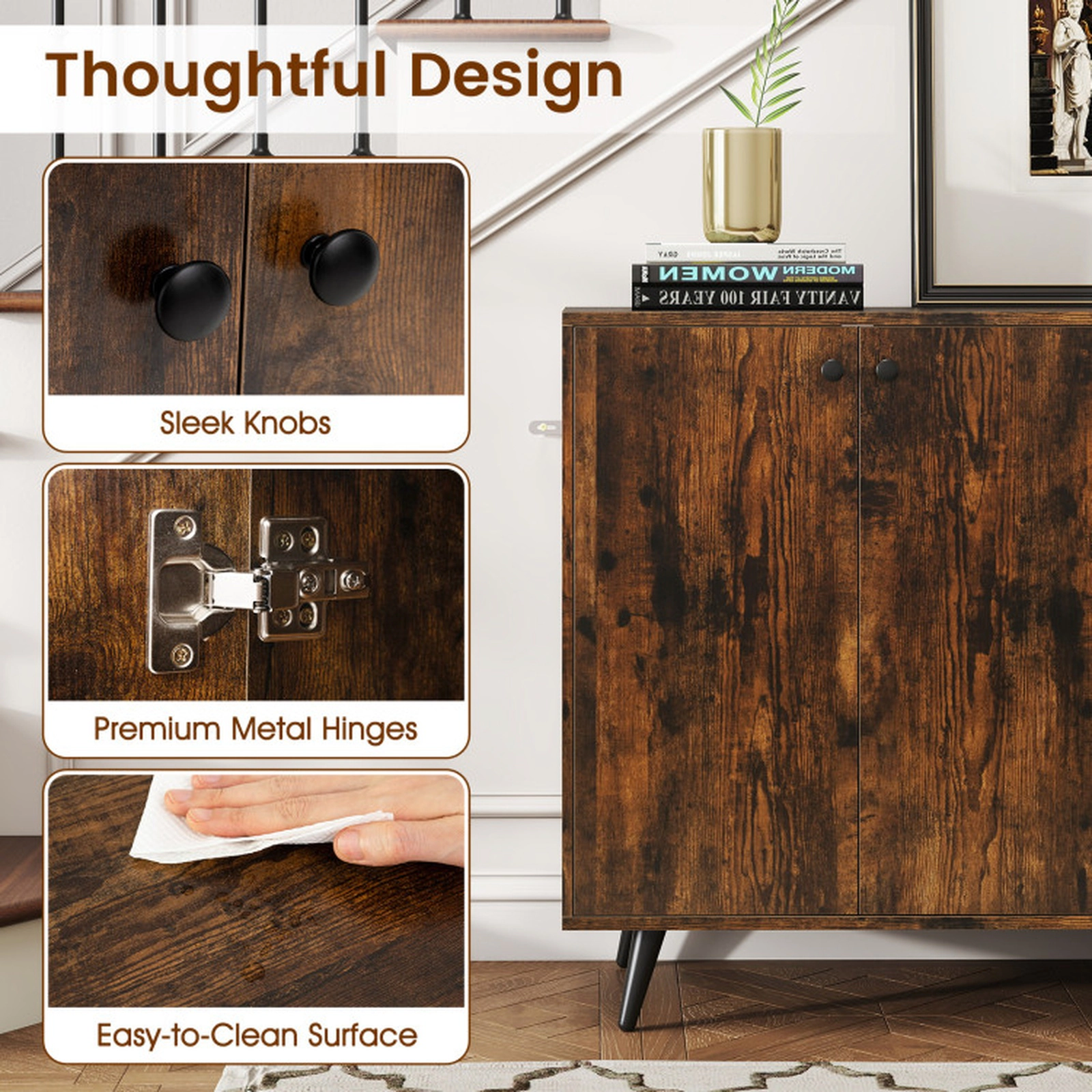 SUGIFT 4-Door Adjustable Shelves Mid Century Buffet Sideboard 50-in x 15-in x 31.5-in 90-lb Capacity Rustic Brown