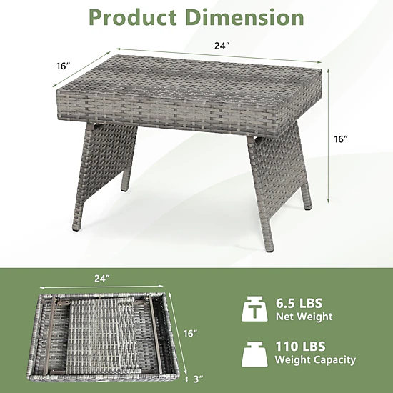 SUGIFT Gray Folding PE Rattan Outdoor Side Table, 23.5 in