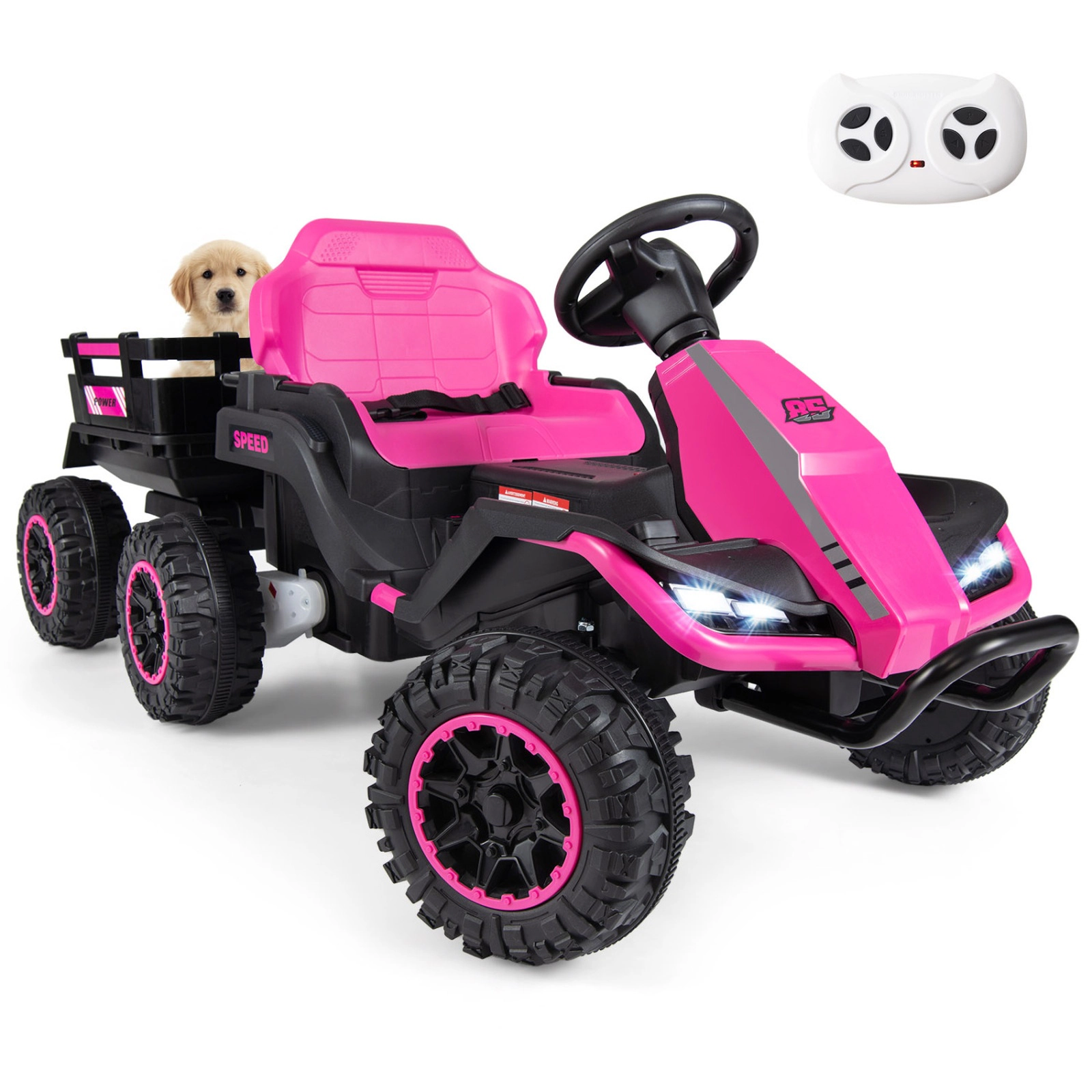 SUGIFT 24V Ride On Tractor with Detachable Trailer and Music 66-lb Capacity Ages 3+ 60-in Ride-On Car Pink