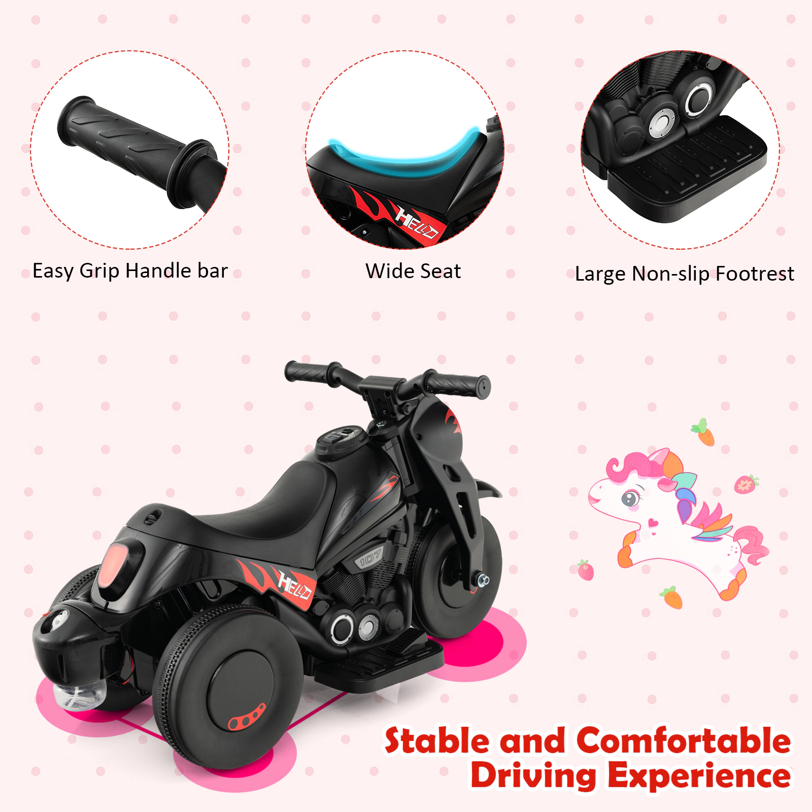 SUGIFT 6V Kids Electric Ride-On Motorcycle with Bubble Maker and Music 66-lb Capacity 32-in Long Seat 11 x 6.5 in Black