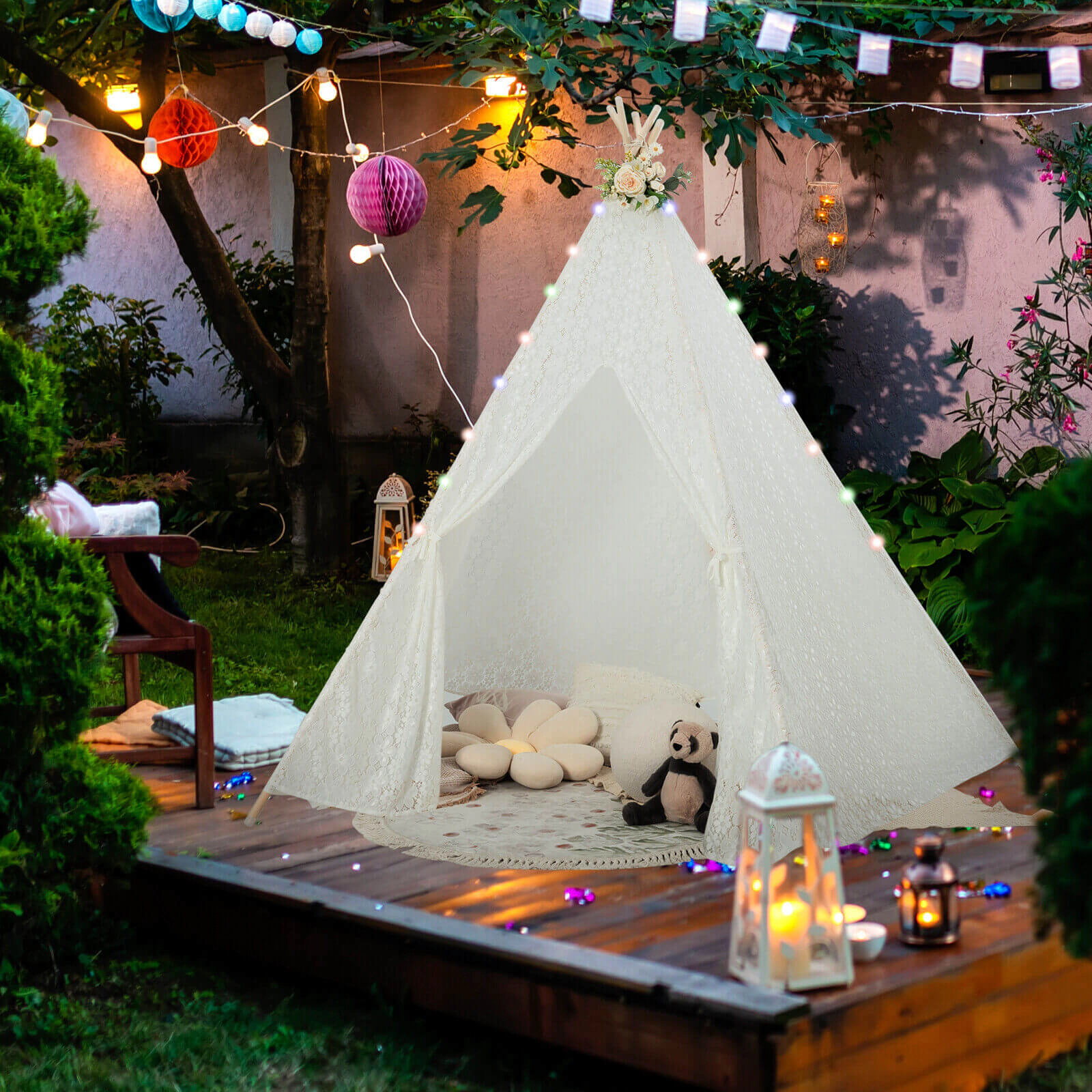 Lace Teepee Tent 85-in Tall Sleepover Tent for Children with LED Star Light Strings Pine Wood Poles White