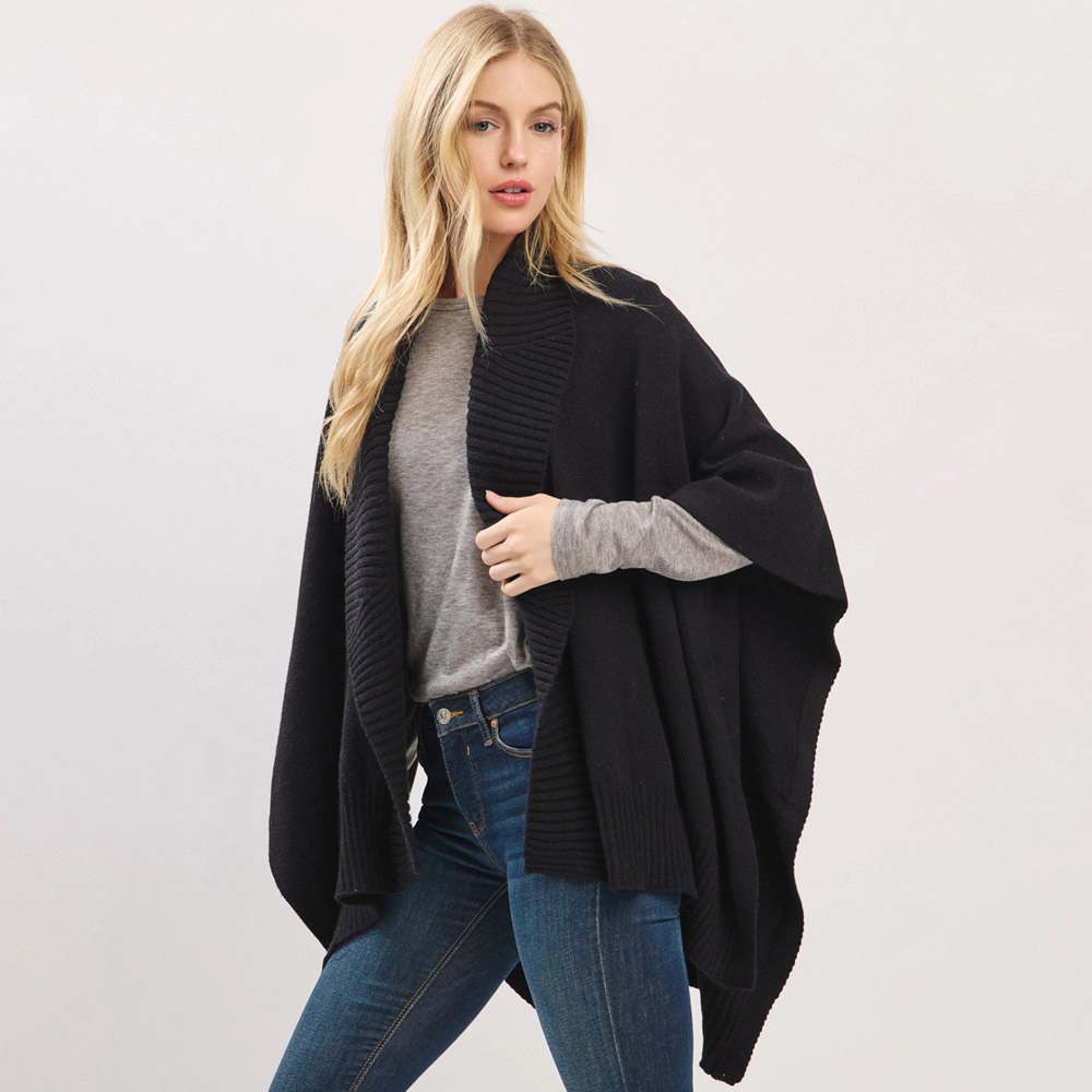 Truedames Women Ribbed Trim Open Front Soft Knit Shawl Cape Poncho