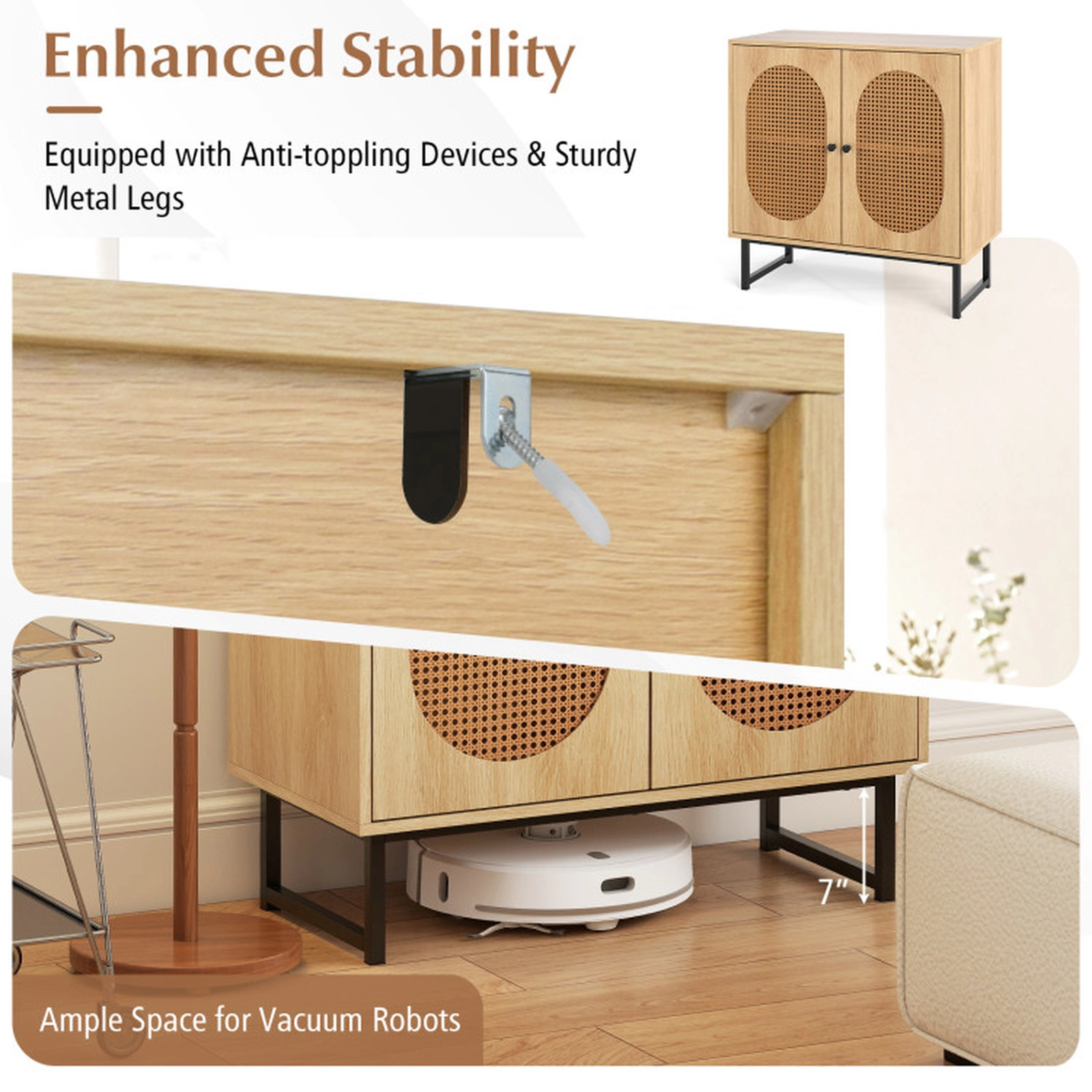 SUGIFT Rattan 2-Door Buffet Sideboard Cabinet with Adjustable Shelf 66-lb Top Capacity 31.5-in Wide Natural/White