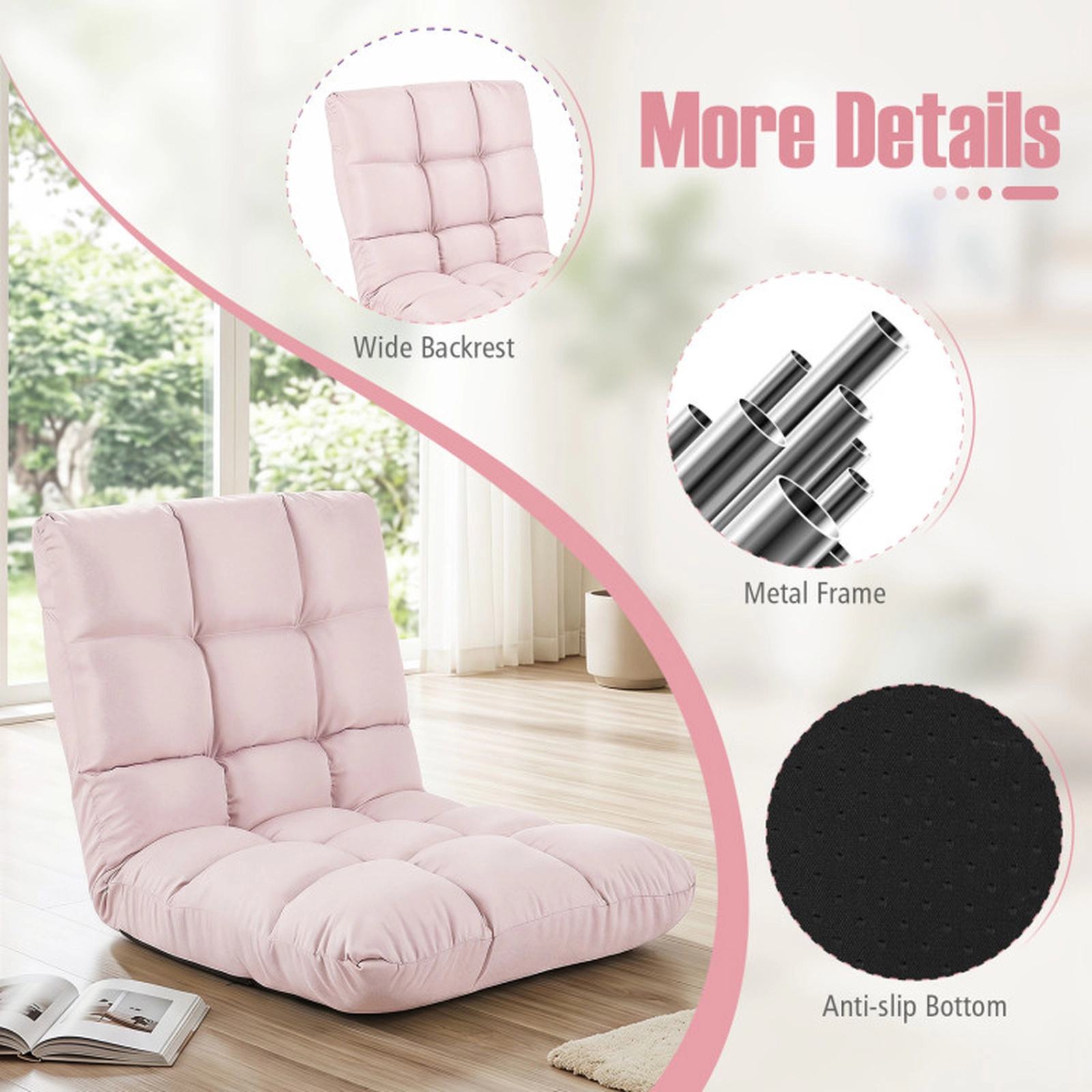 SUGIFT Light Pink 14-Position Folding Floor Chair, 264-Lb Capacity