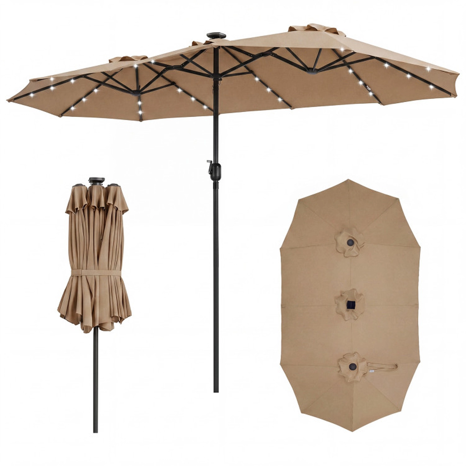 SUGIFT Solar-Powered LED Double-Sided Patio Market Umbrella 13-ft Canopy with 12 Metal Ribs and Crank Handle Tan