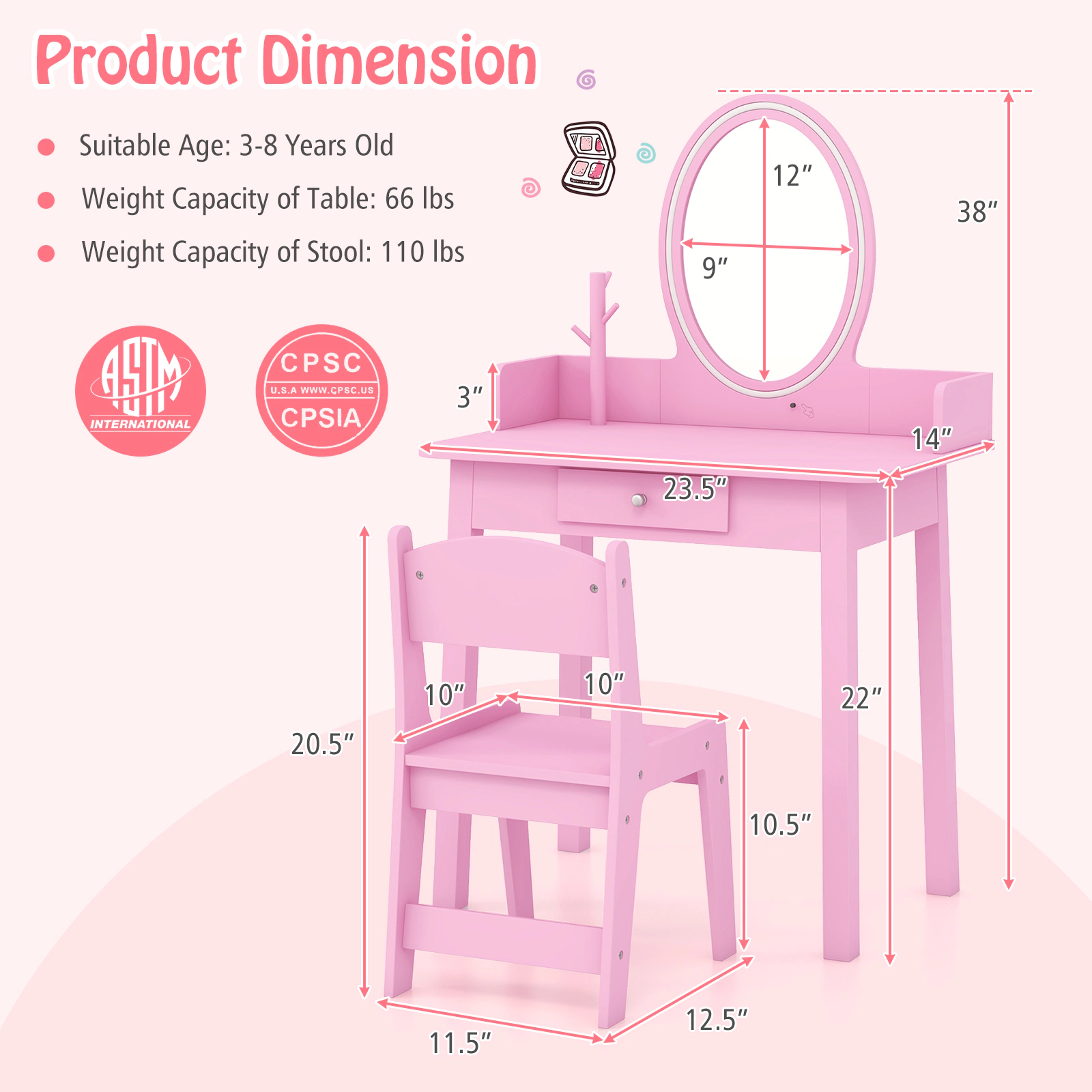 SUGIFT Kids Vanity Desk and Chair Set with LED Lighted Mirror 66-lb Table 110-lb Stool Capacity Ages 3-8 White/Pink