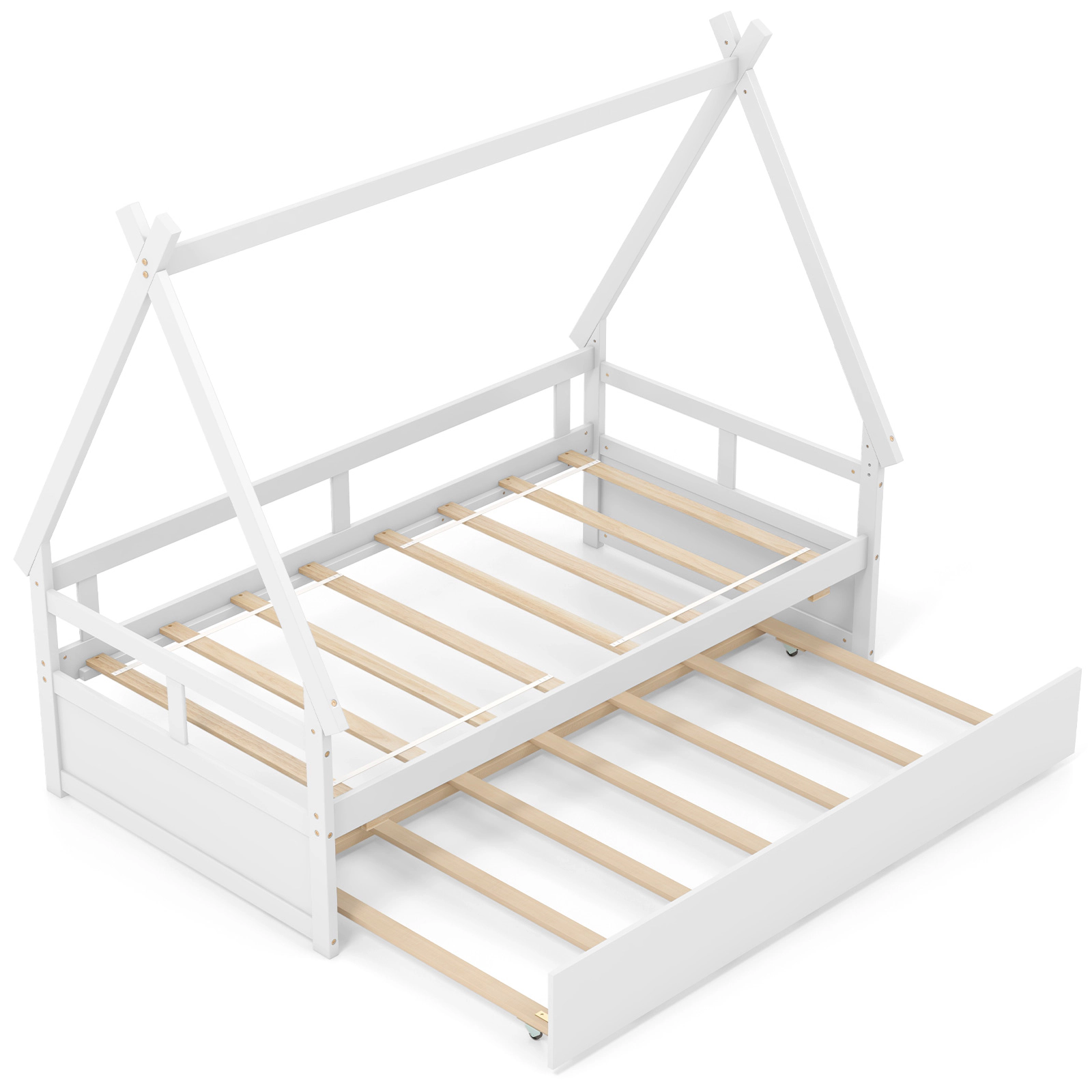 SUGIFT Twin Size House Bed with Trundle and Safety Guardrail 250-lb Bed 200-lb Trundle Capacity 78-in Frame White