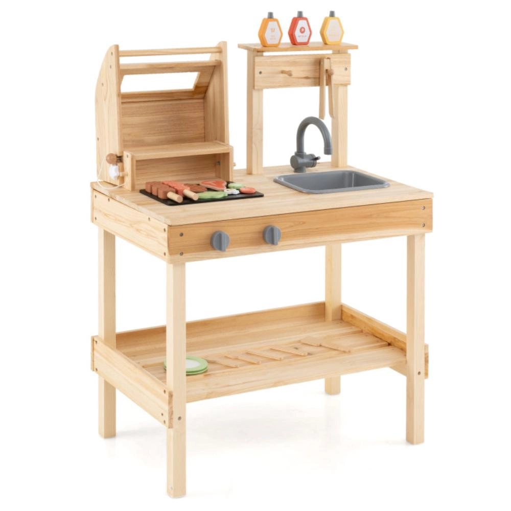 Hivvago Wooden Barbecue Grill Playset with Play Food and Open Shelves-Natural