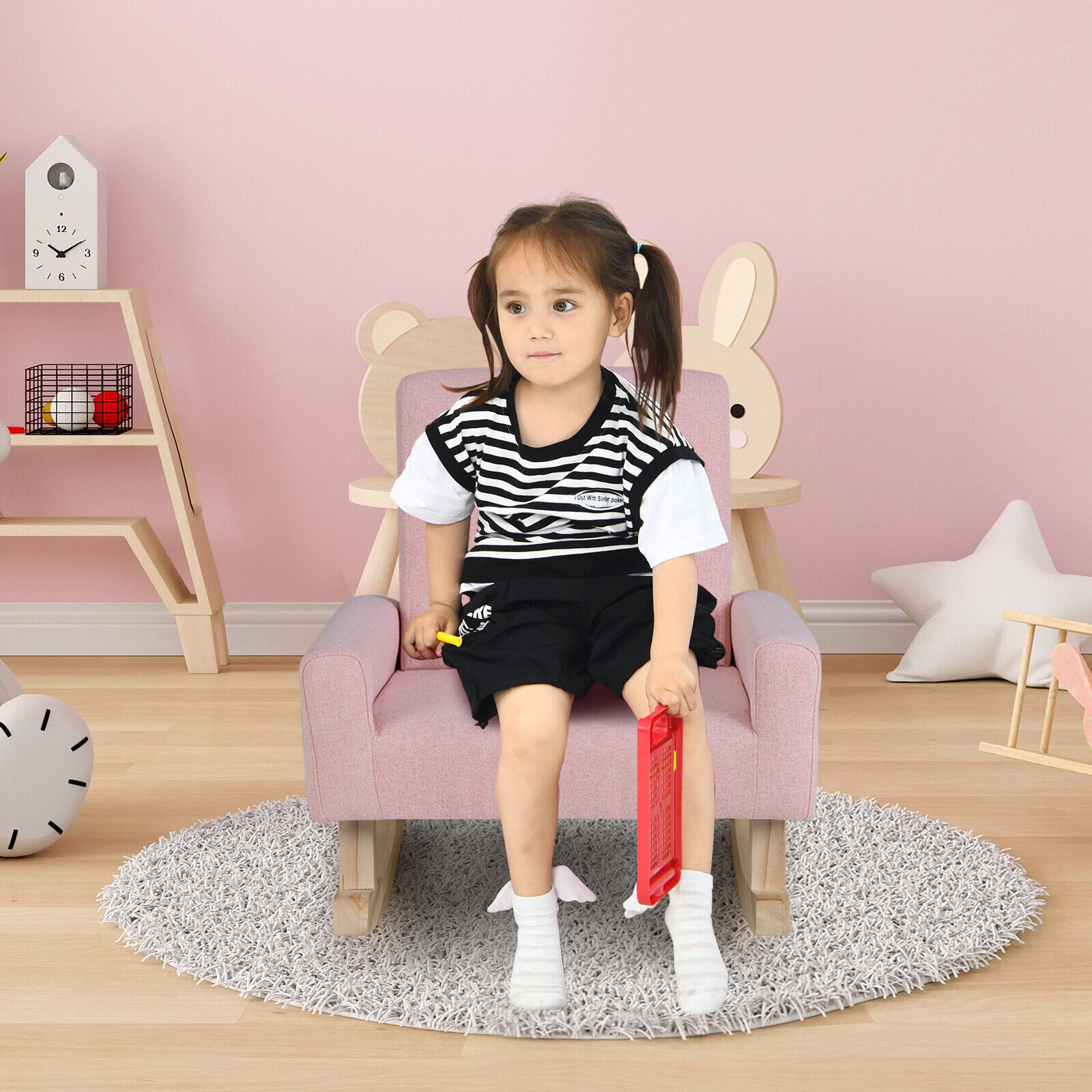 Kids Rocking Chair Toddler Rocker with Linen Upholstery Solid Poplar Wood Legs Anti-Tip Curved Runners Pink