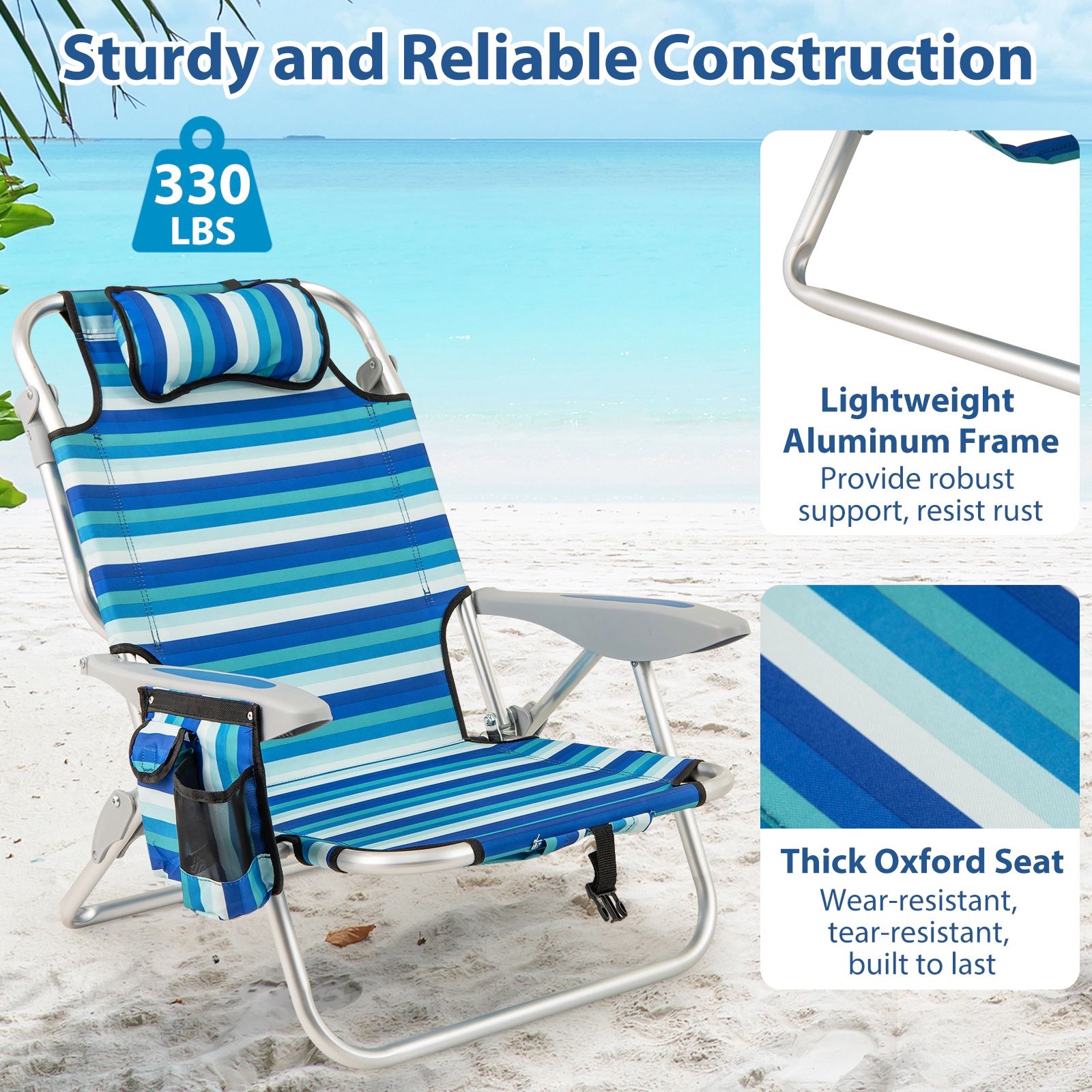 SUGIFT Set of 1 Folding Beach Chair for Adults 4-Position Adjustable Backrest 330-Lb Capacity 24.5-in Wide Seat Blue