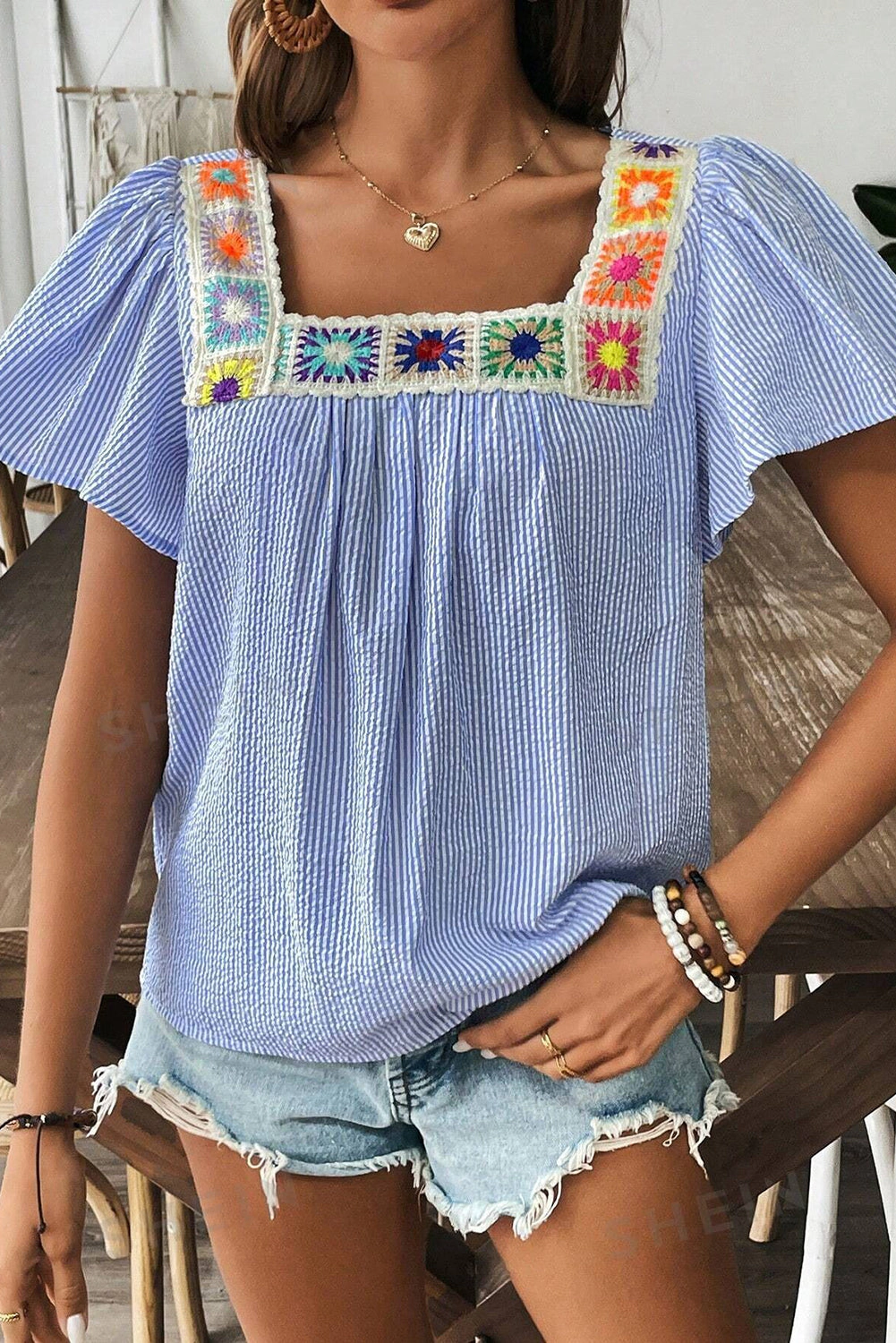 Threaded Pear Women's Marisol Stripe Textured Ruffle Square Neck Blouse