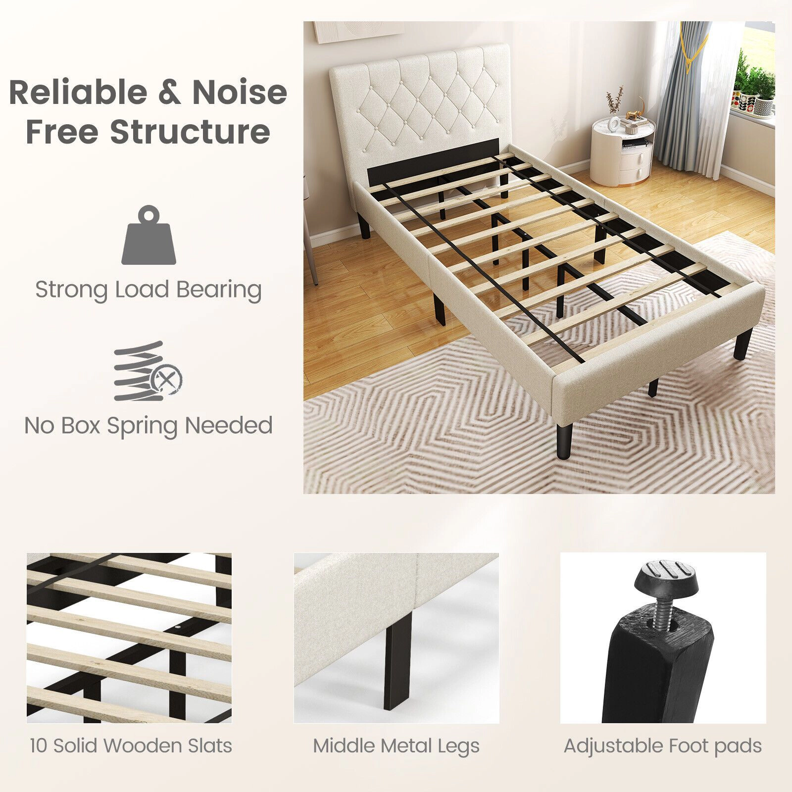 SlickBlue Modern Bed Frame with Wooden Slats and Under Bed Storage