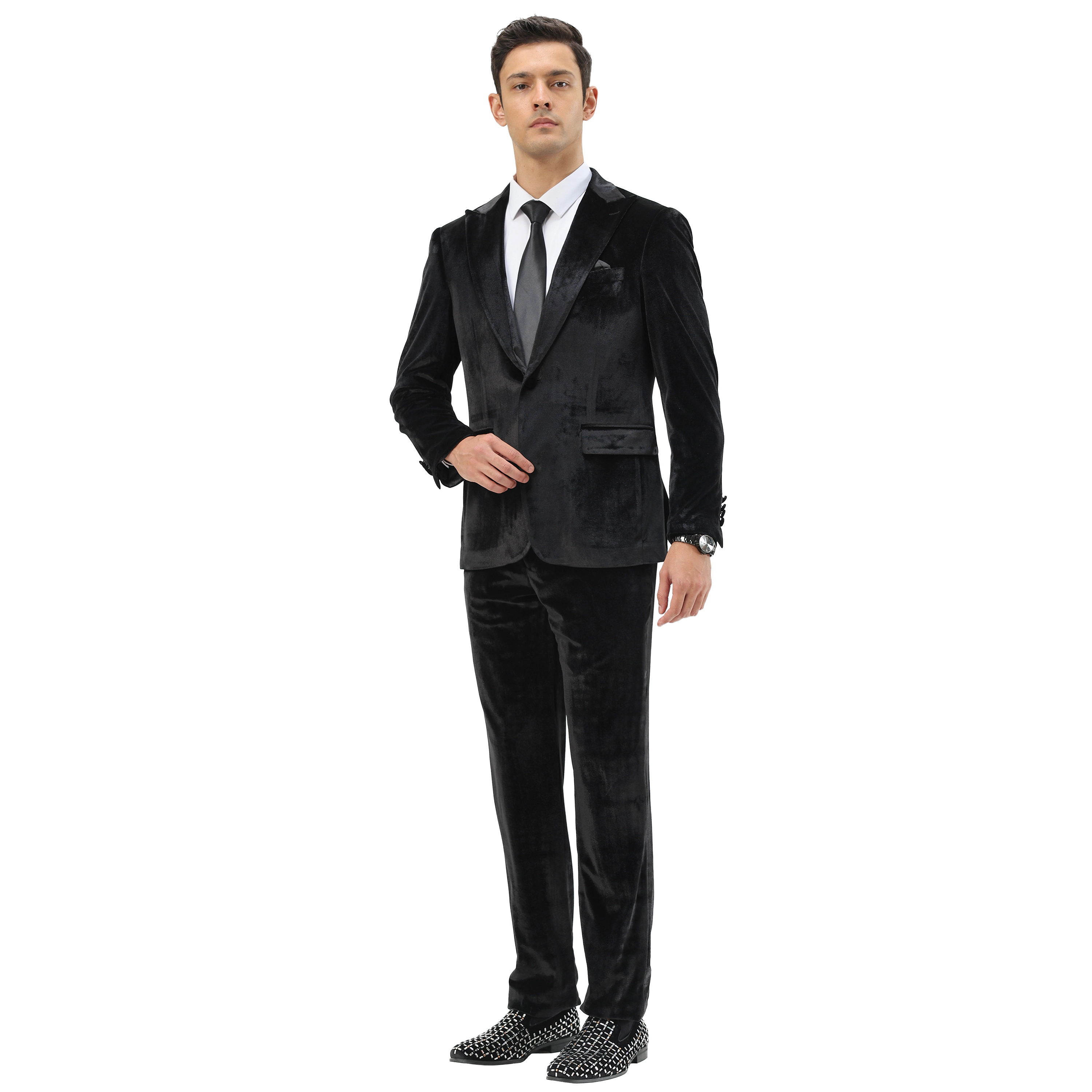 Tazzio Mens Skinny Fit Double Breasted 2 Piece Tuxedo Set with Velvet Black Peak Lapel