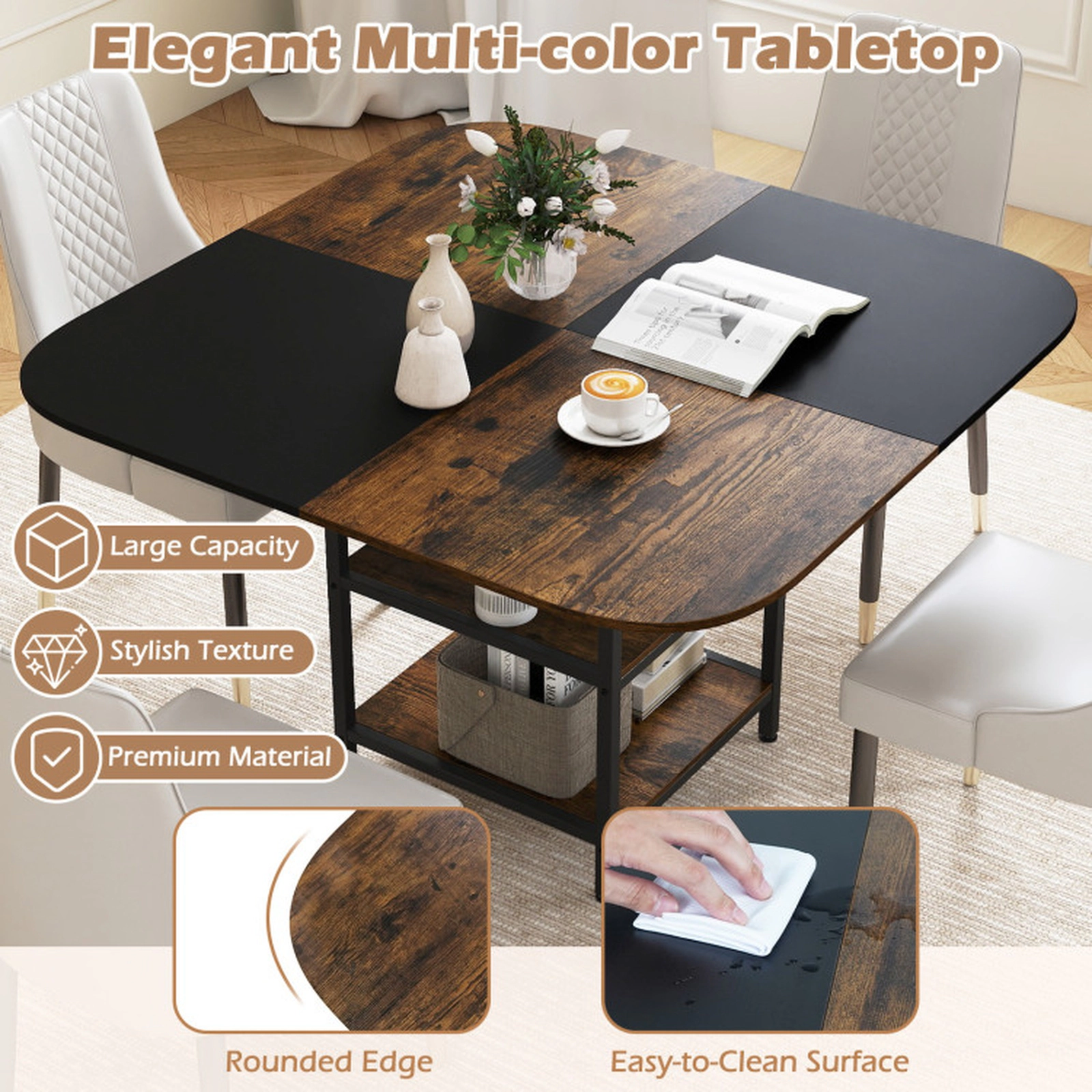 SUGIFT 47.5-Inch Rustic Brown Square Dining Table with 2 Storage Shelves